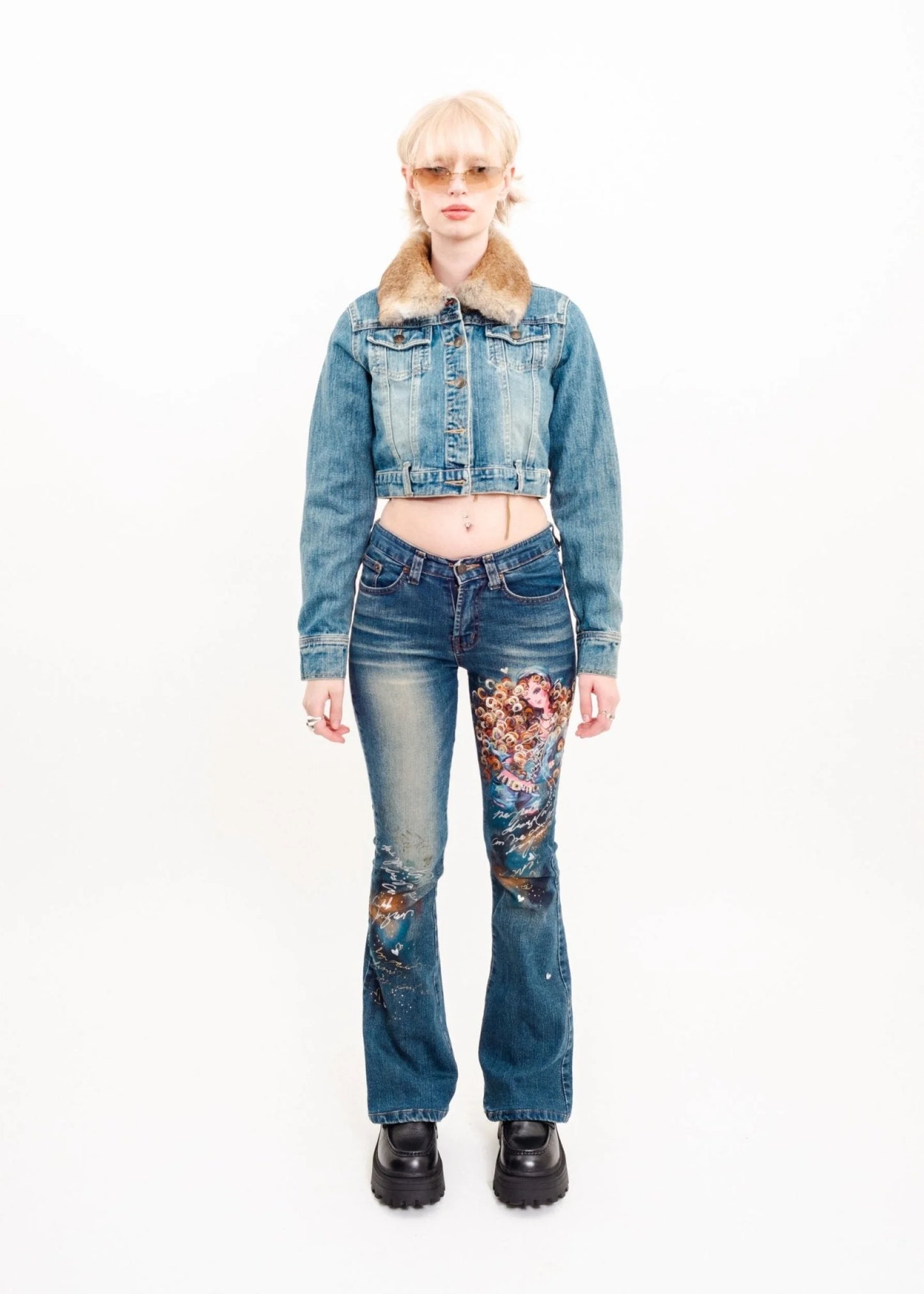 Yumetenbo Cropped denim jacket with fur collar