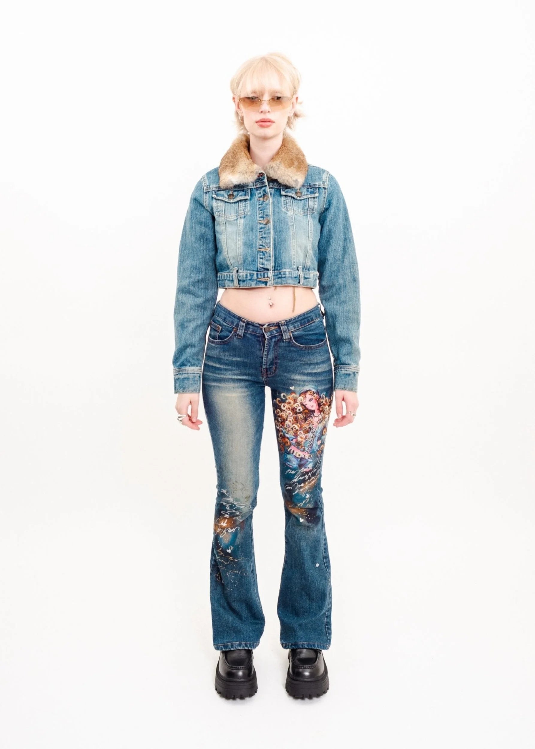 Yumetenbo Cropped denim jacket with fur collar
