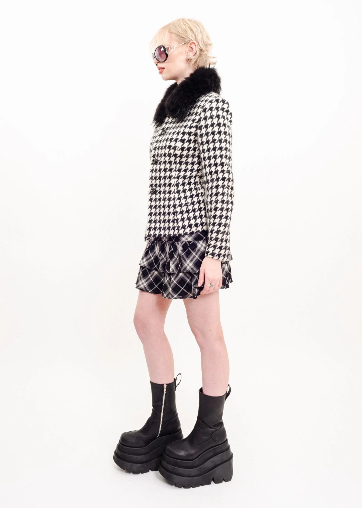 Pinky & Dianne Houndstooth jacket with fur collar