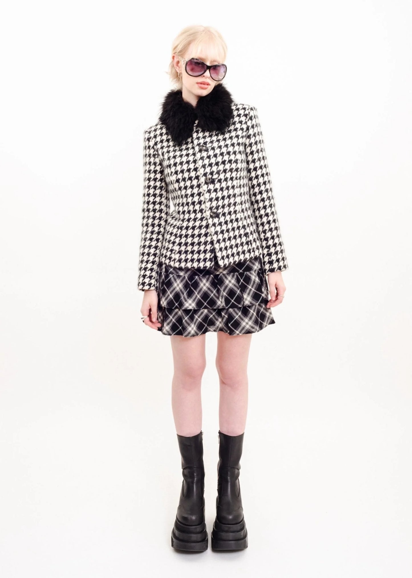 Pinky & Dianne Houndstooth jacket with fur collar