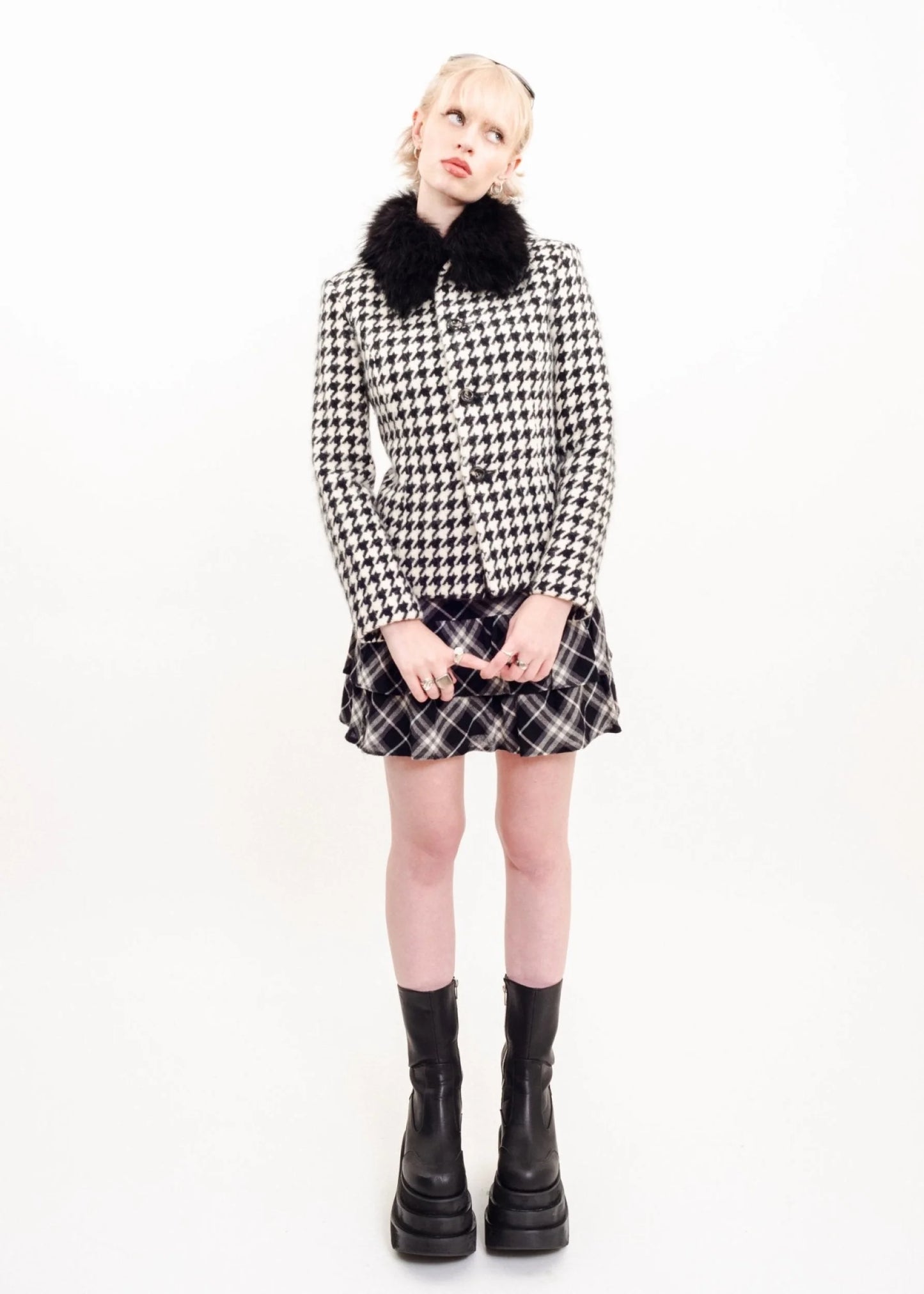 Pinky & Dianne Houndstooth jacket with fur collar
