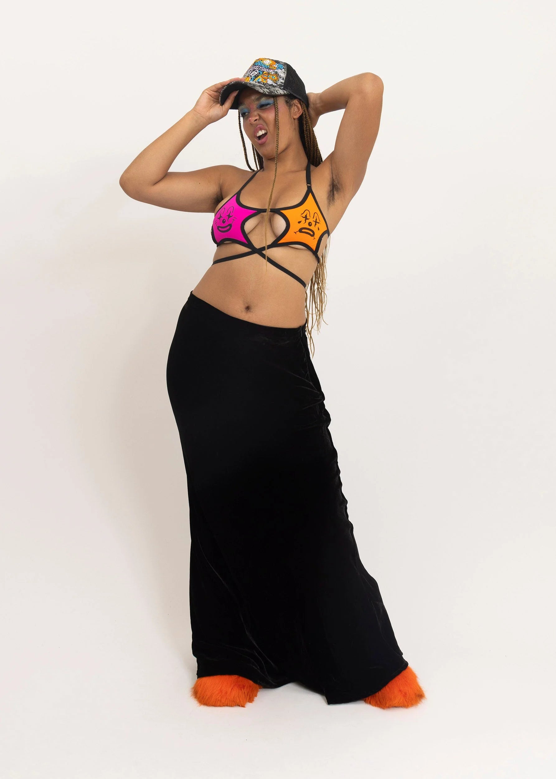 Astro Princess Cry Now Clown Print Starkini Top- hot pink/ orange