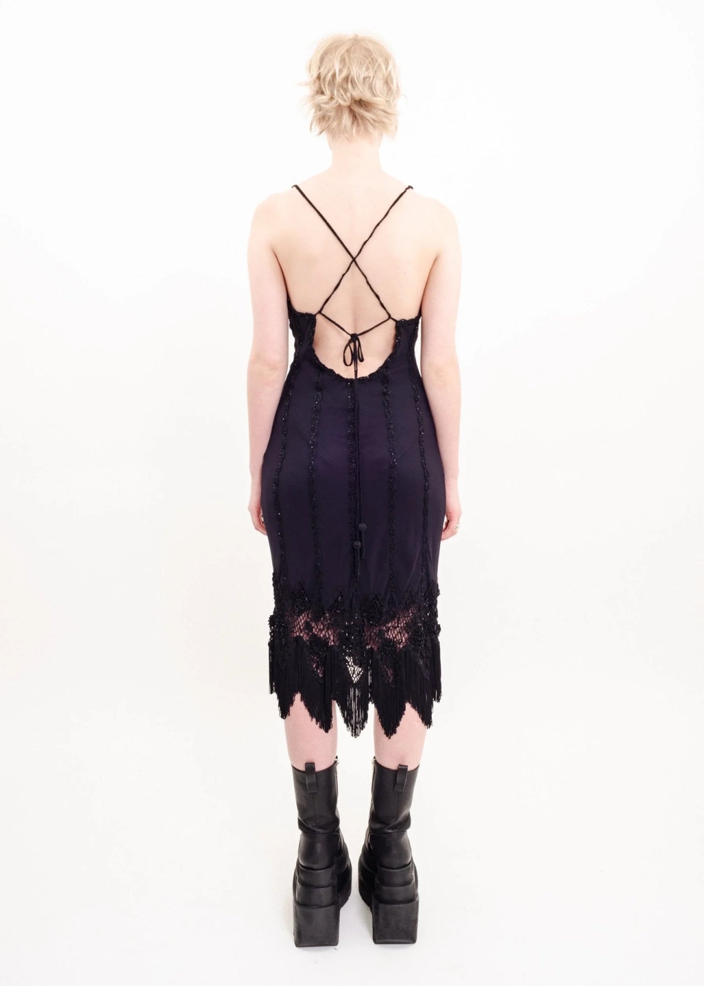 Sue Wong Deco style silk dress with crochet inserts