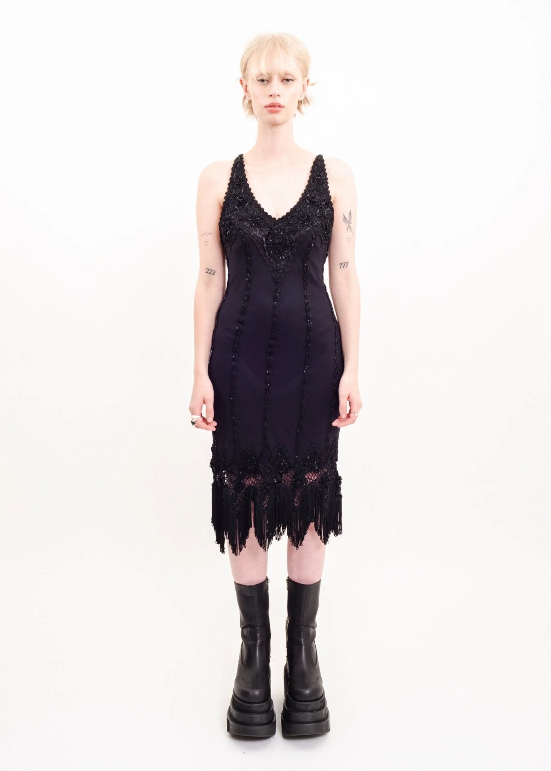 Sue Wong Deco style silk dress with crochet inserts