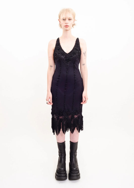 Sue Wong Deco style silk dress with crochet inserts