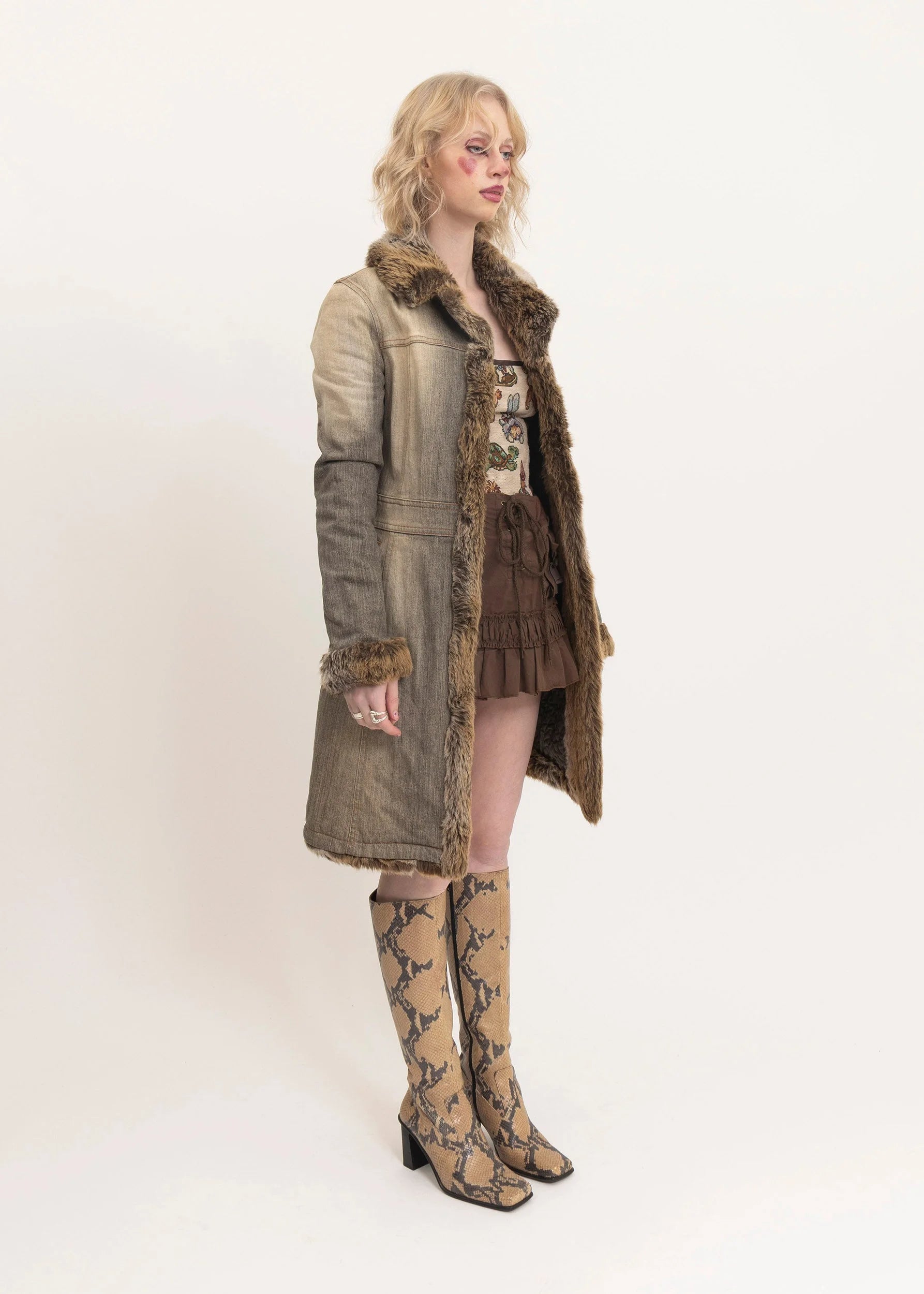 Burberry London Blue Label Denim Penny Lane Coat with Faux Fur Trims