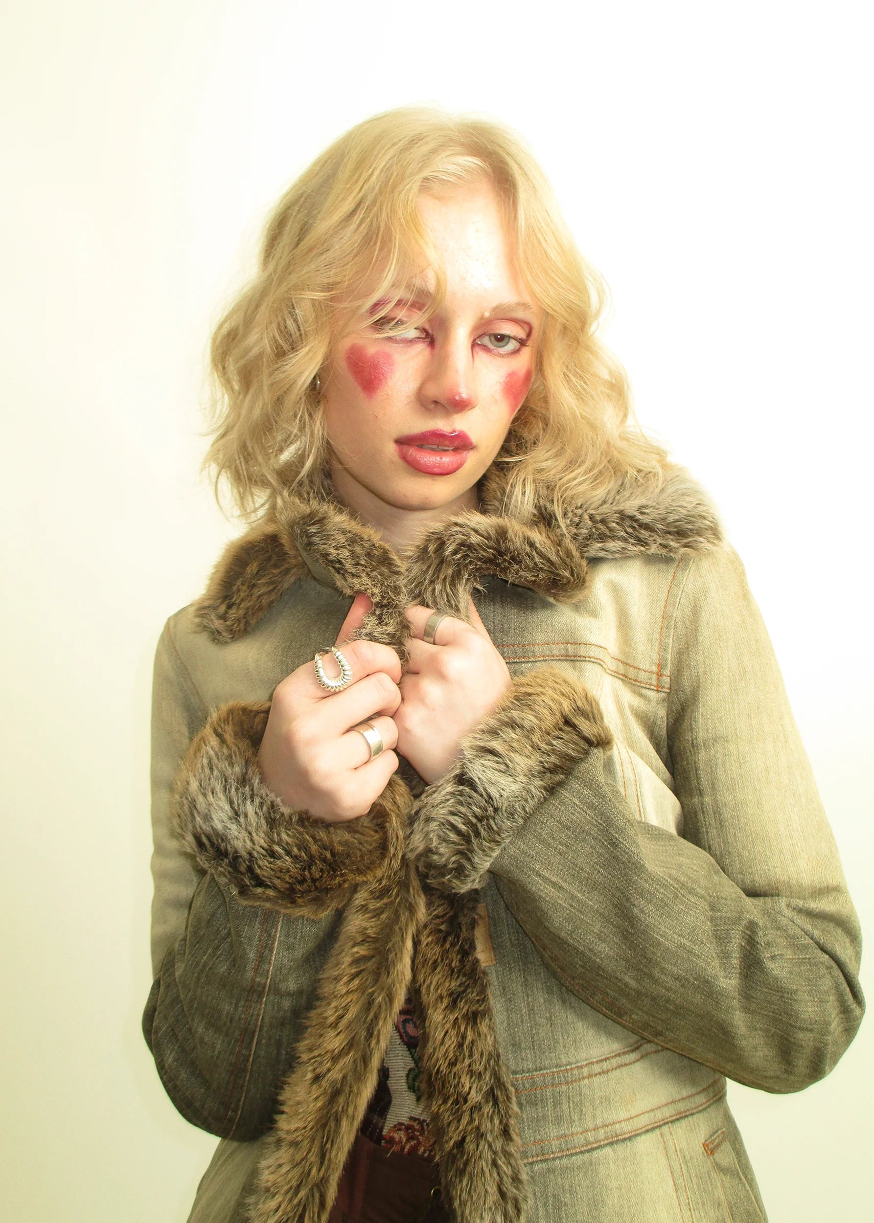 Burberry London Blue Label Denim Penny Lane Coat with Faux Fur Trims