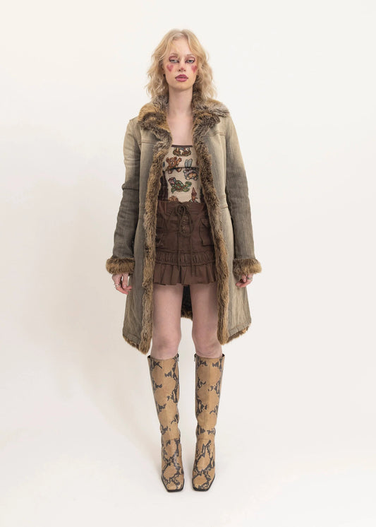 Burberry London Blue Label Denim Penny Lane Coat with Faux Fur Trims