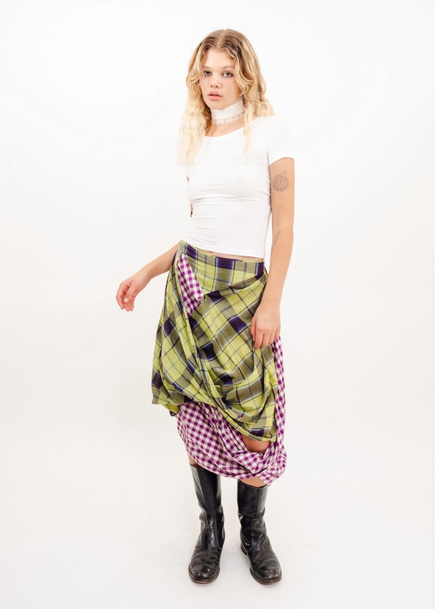 Vivienne Westwood Anglomania Draped clashing tartan/ gingham skirt