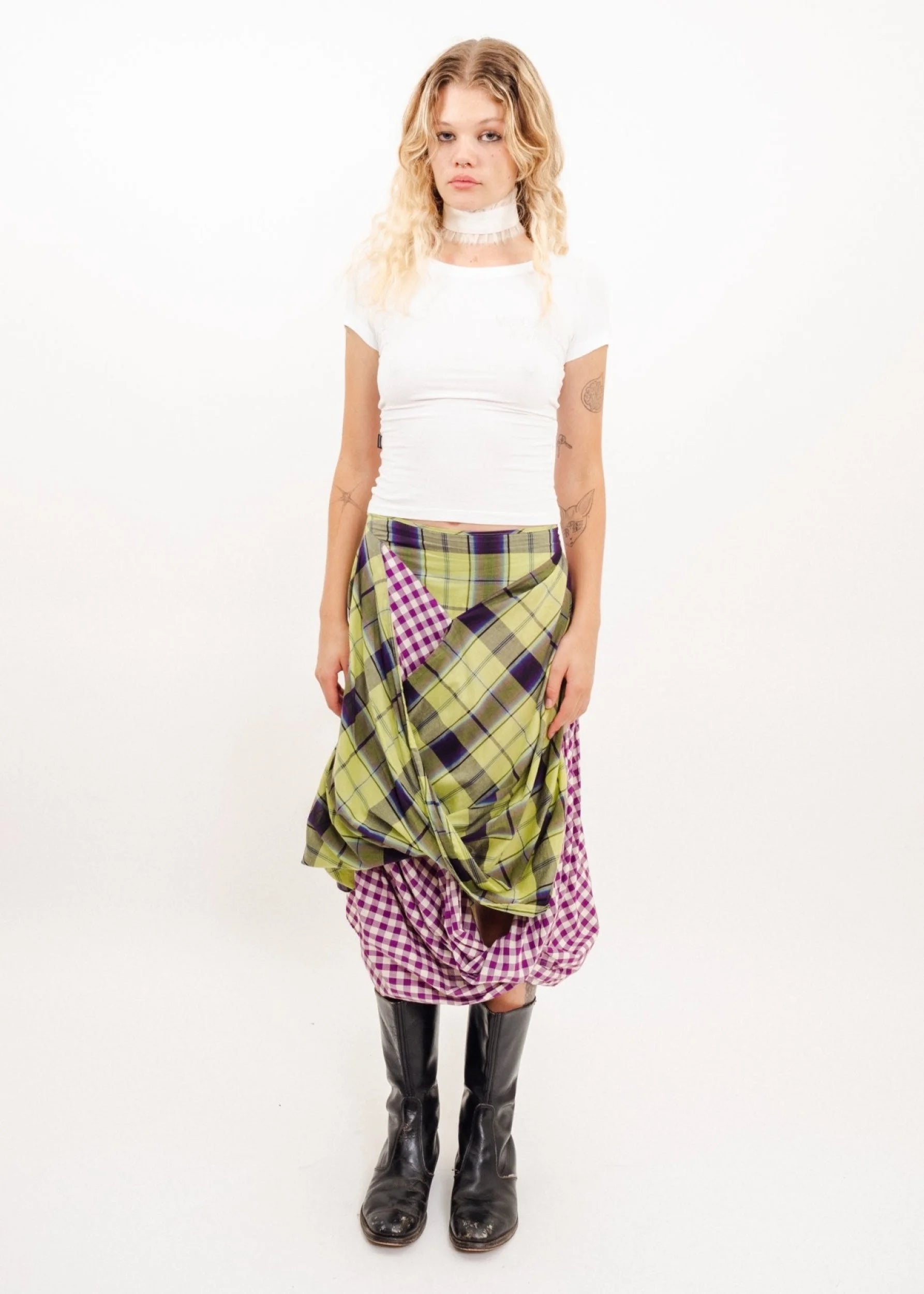 Vivienne Westwood Anglomania Draped clashing tartan/ gingham skirt