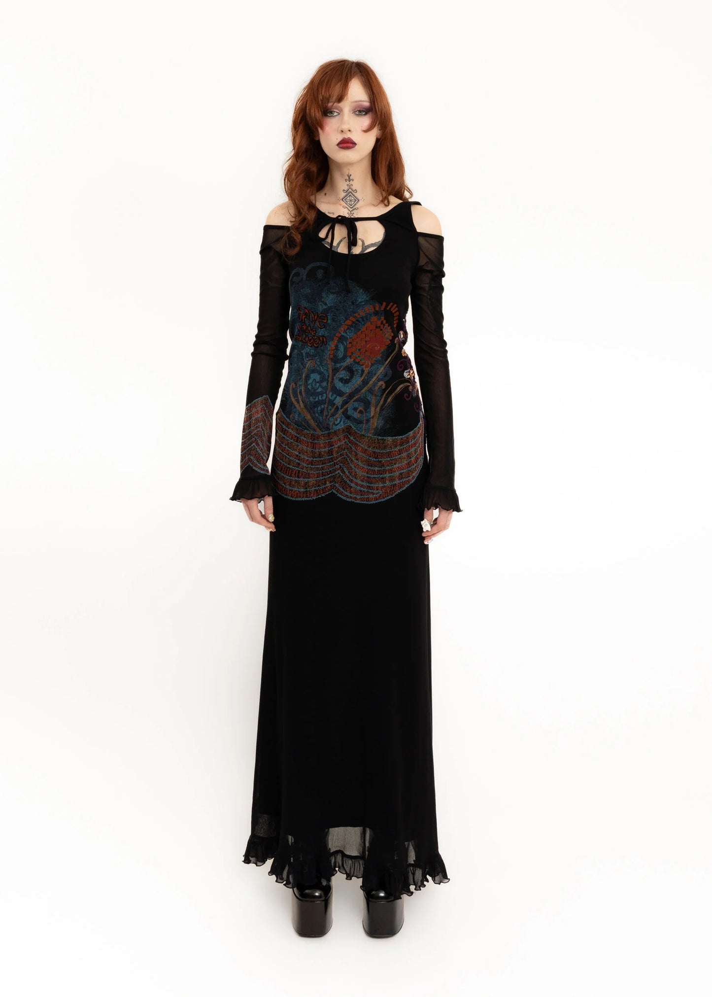Save The Queen Embroidered mesh maxi dress