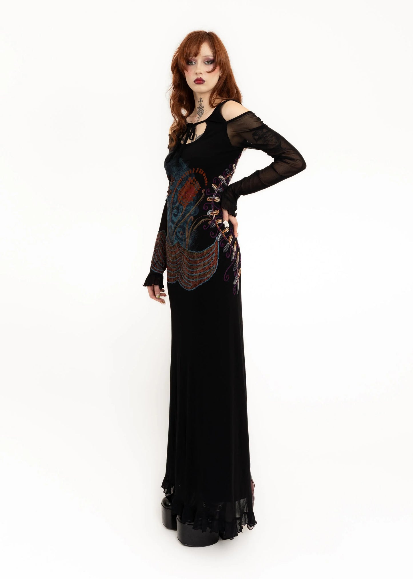 Save The Queen Embroidered mesh maxi dress