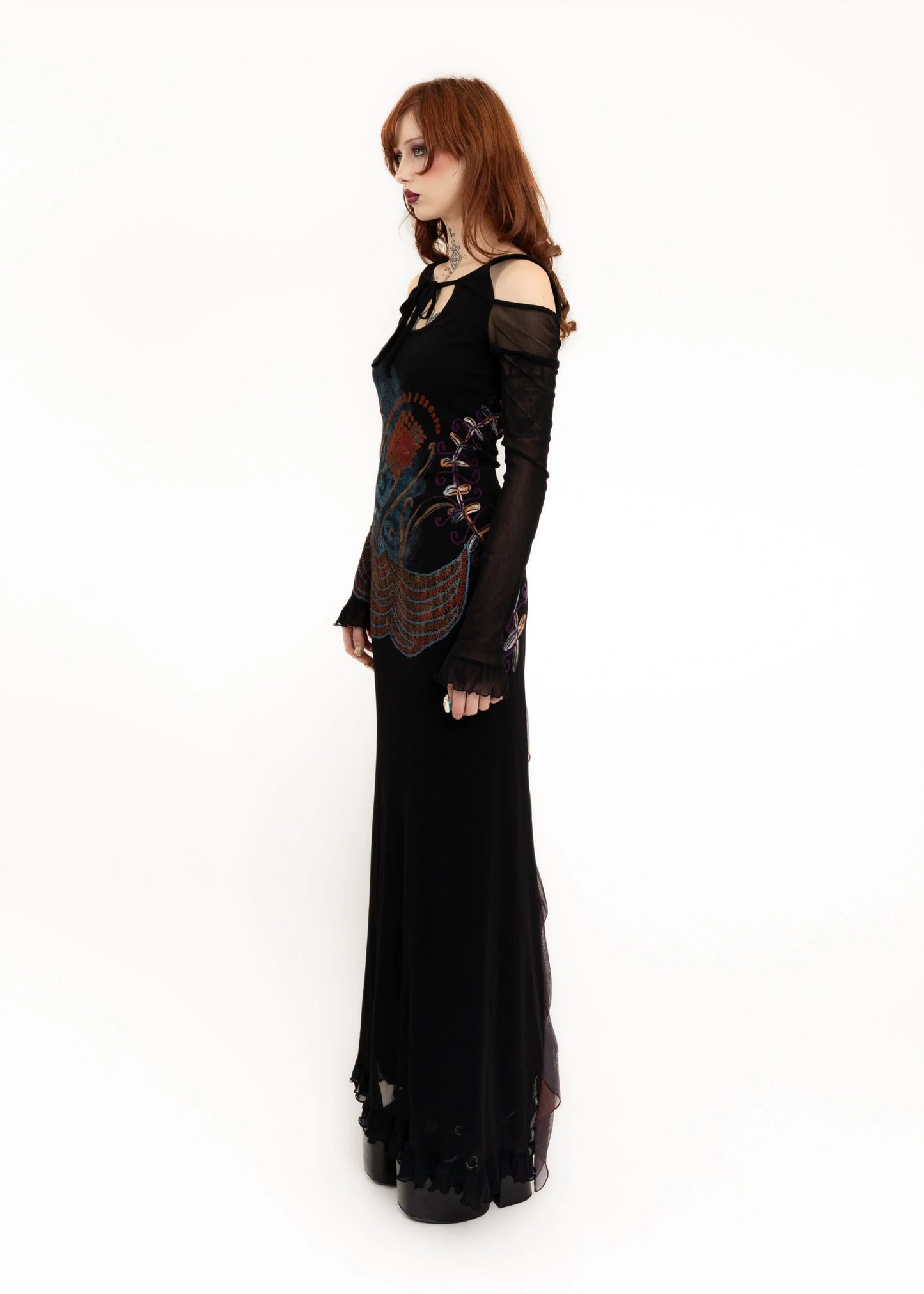 Save The Queen Embroidered mesh maxi dress