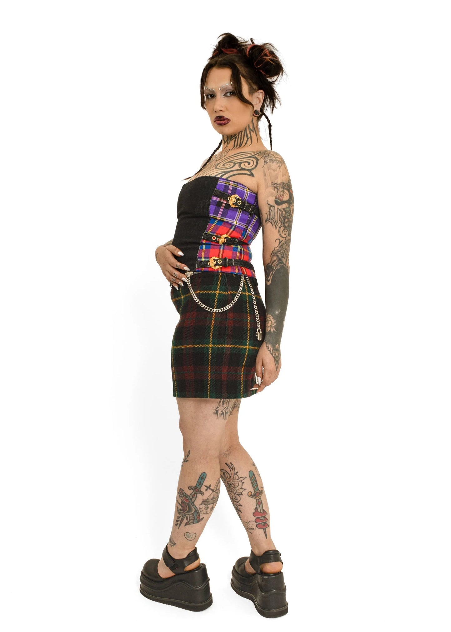 Versace Fall 2018 denim/ tartan bustier with medusa buckle detail