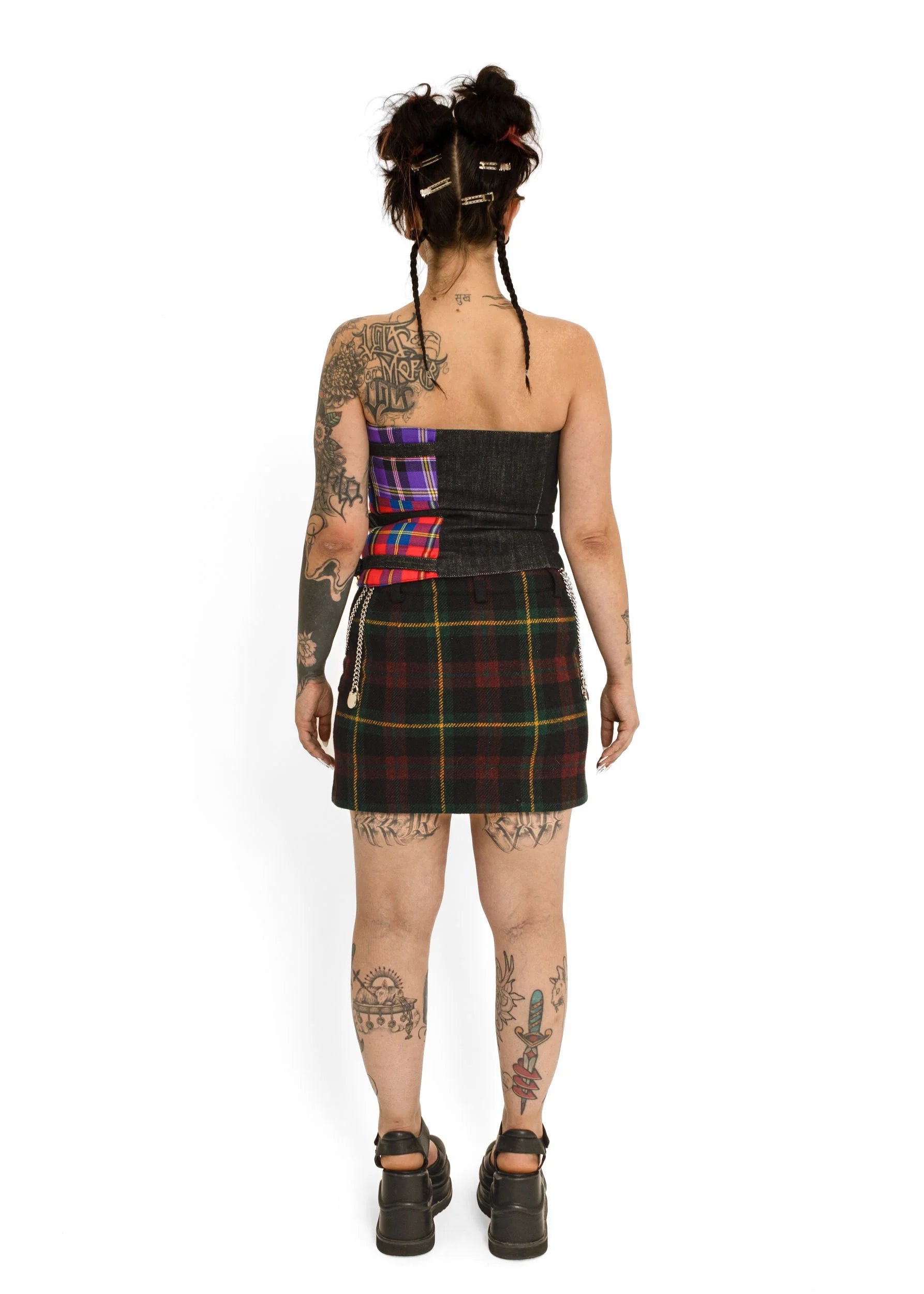 Versace Fall 2018 denim/ tartan bustier with medusa buckle detail