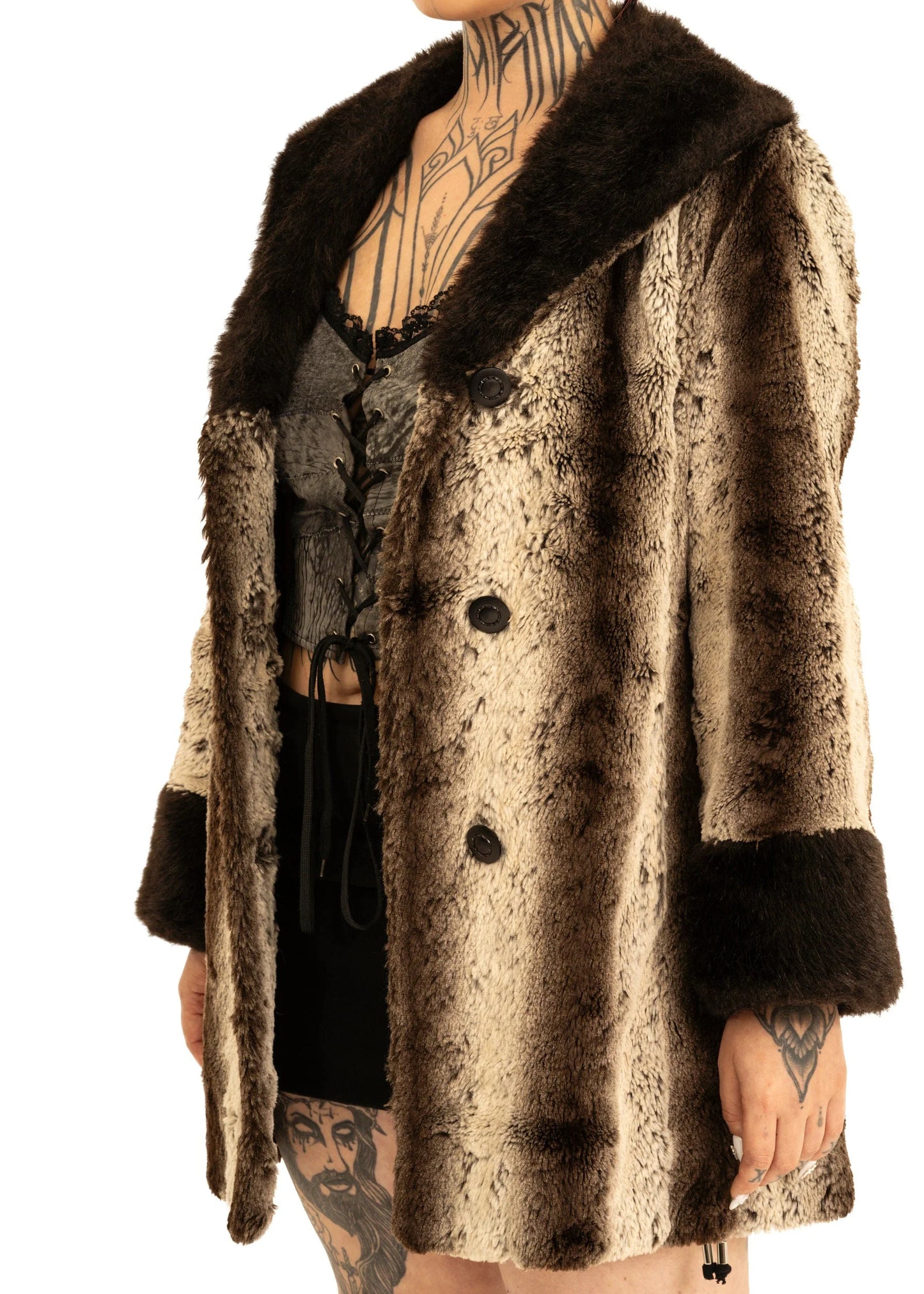 Furricoat by D.L Ellis of Auckland NZ Faux fur coat with contrast collar and cuffs