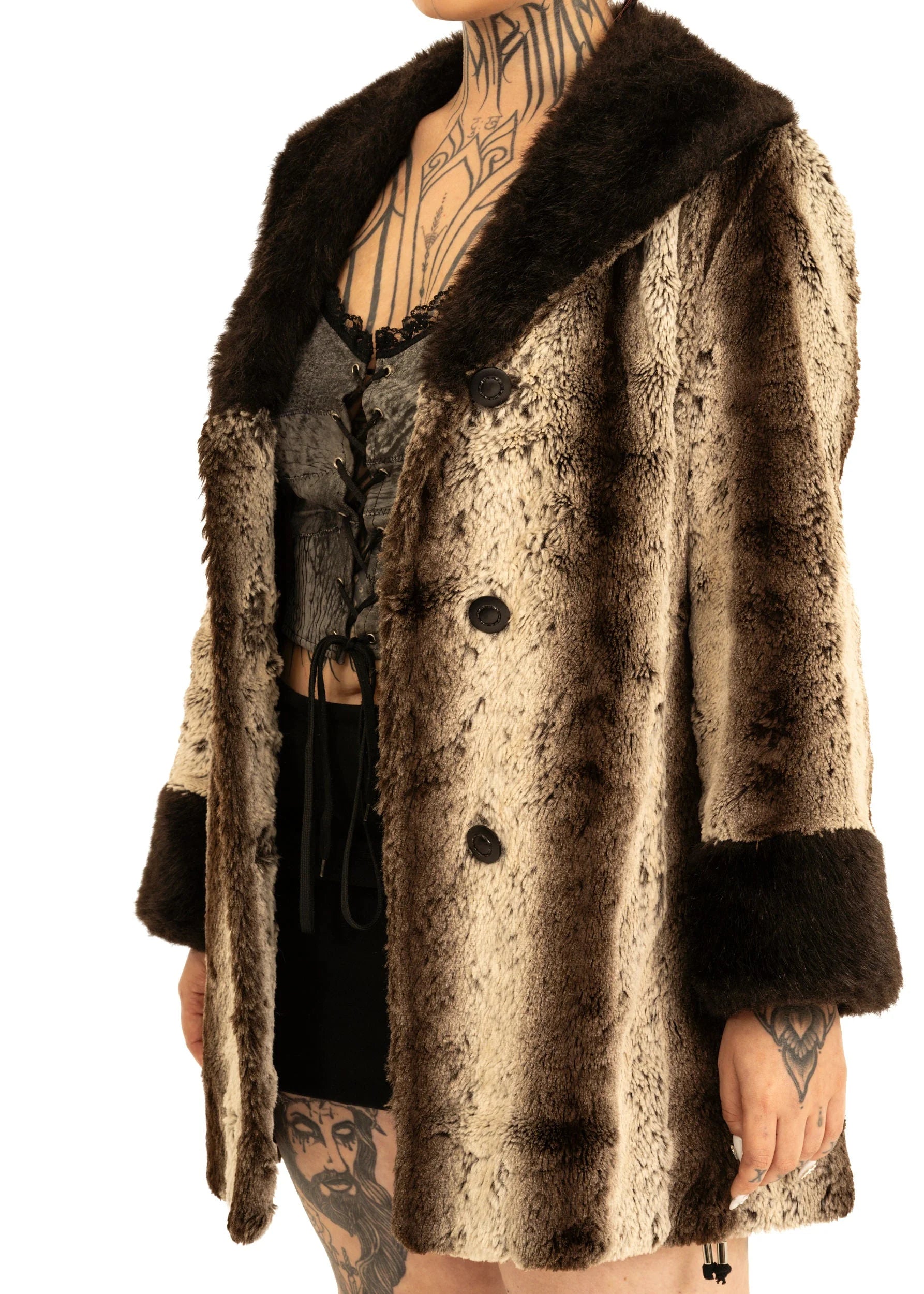 Furricoat by D.L Ellis of Auckland NZ Faux fur coat with contrast collar and cuffs