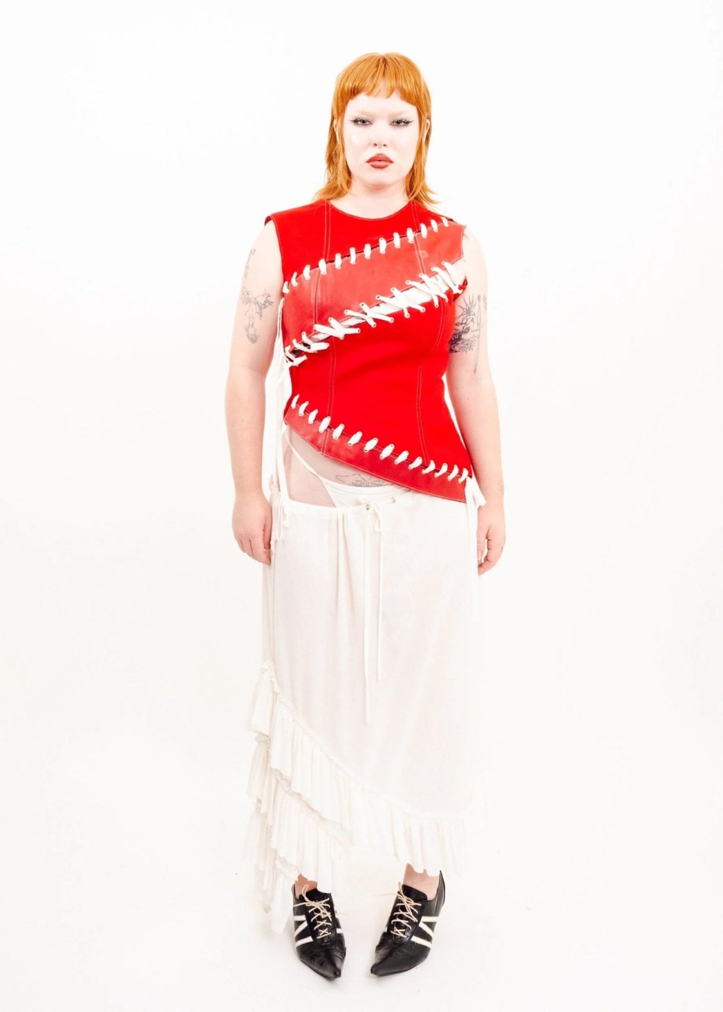 Banshee Reconstructed leather/ neoprene lace up top