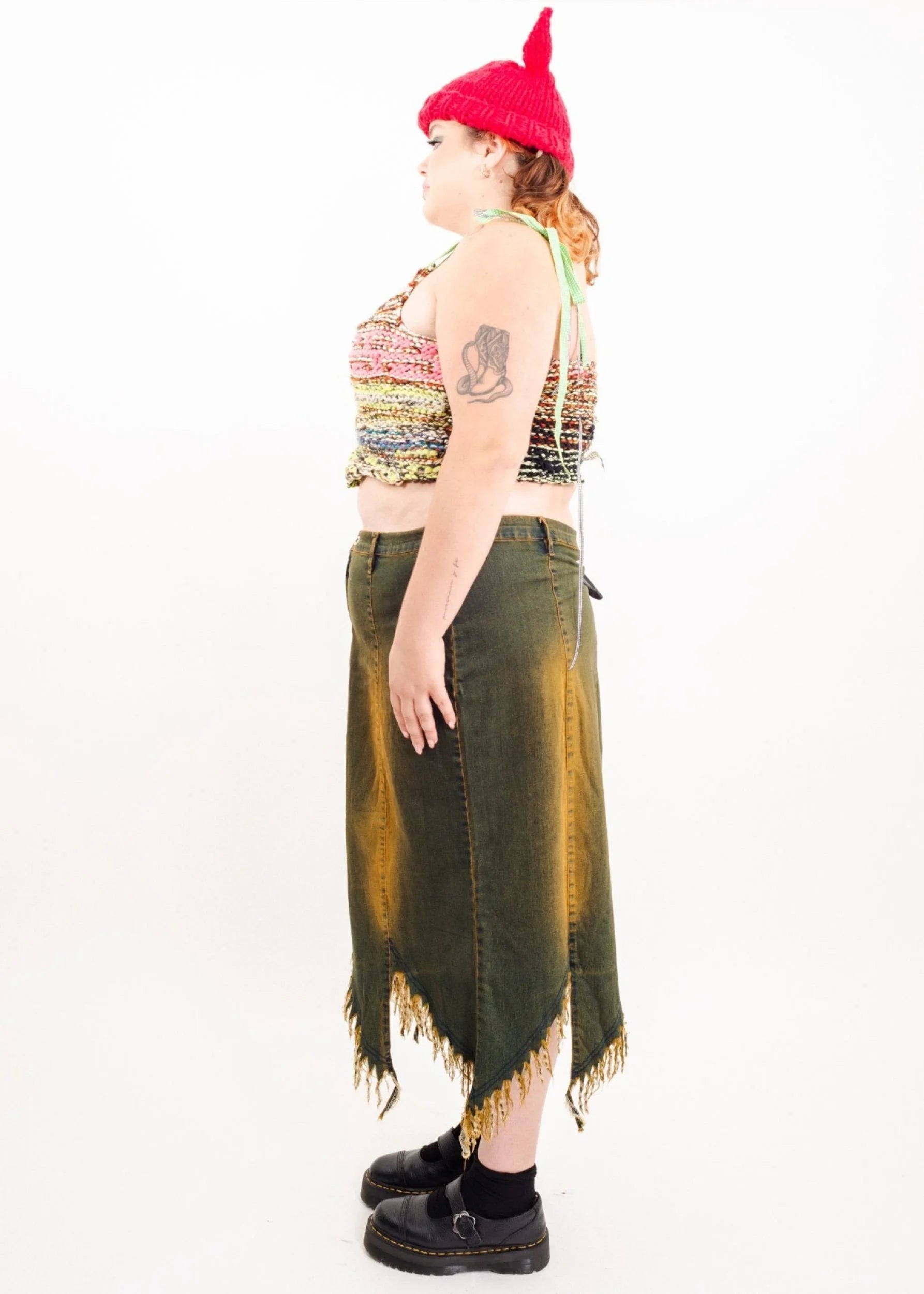 Bizarre Bazaar Fringed hem Y2K denim midi skirt