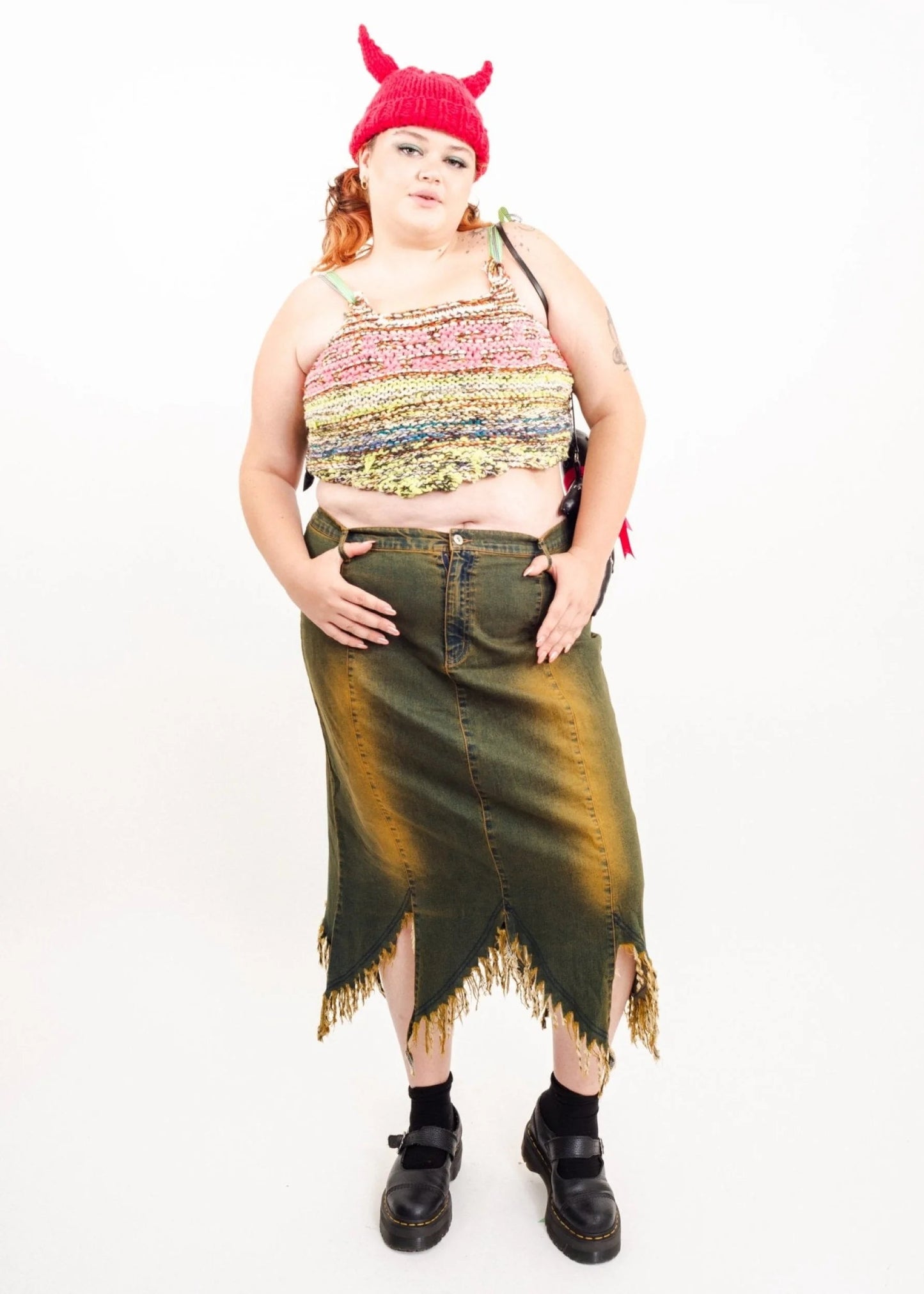 Bizarre Bazaar Fringed hem Y2K denim midi skirt