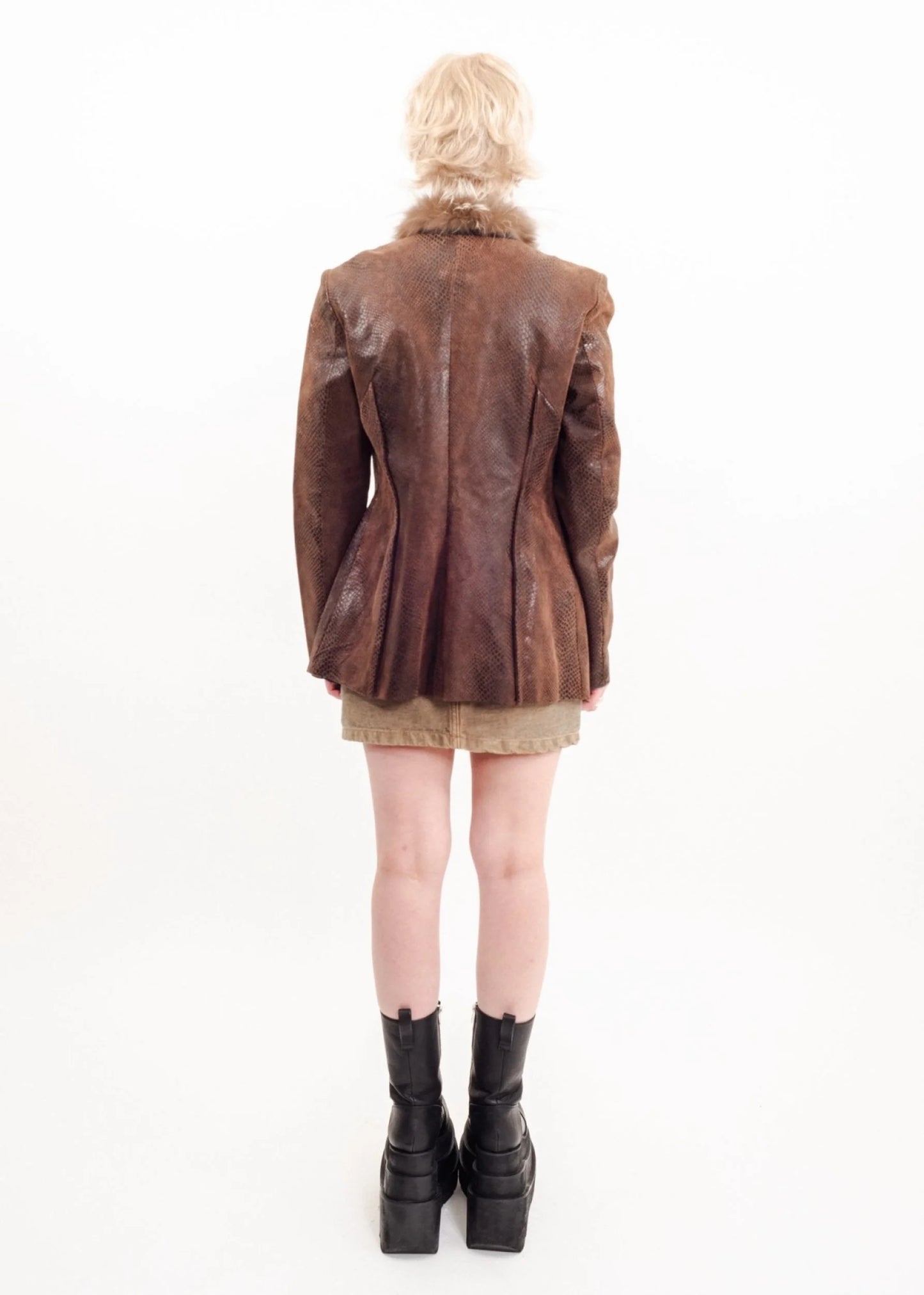 Bizarre Bazaar Fur trimmed snakeskin effect leather jacket