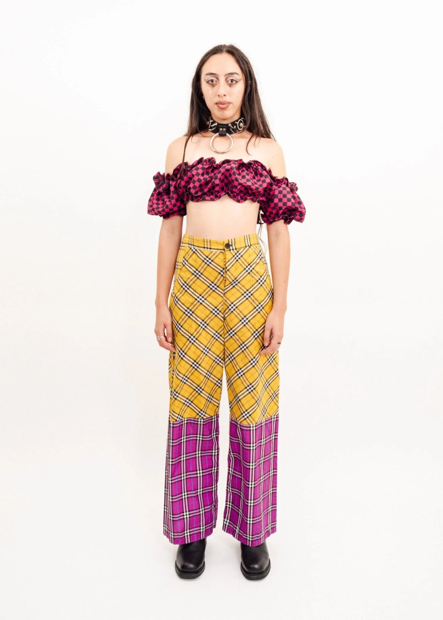 Astro Princess Harlequin ruched off shoulder crop top