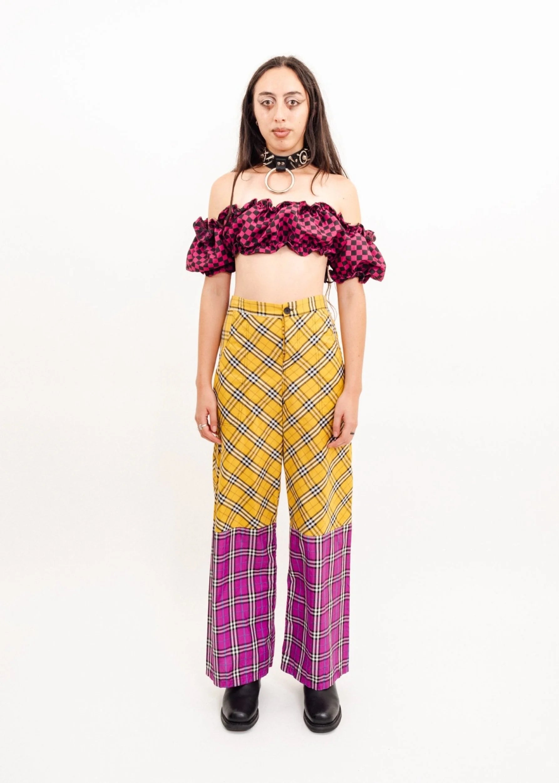 Astro Princess Harlequin ruched off shoulder crop top