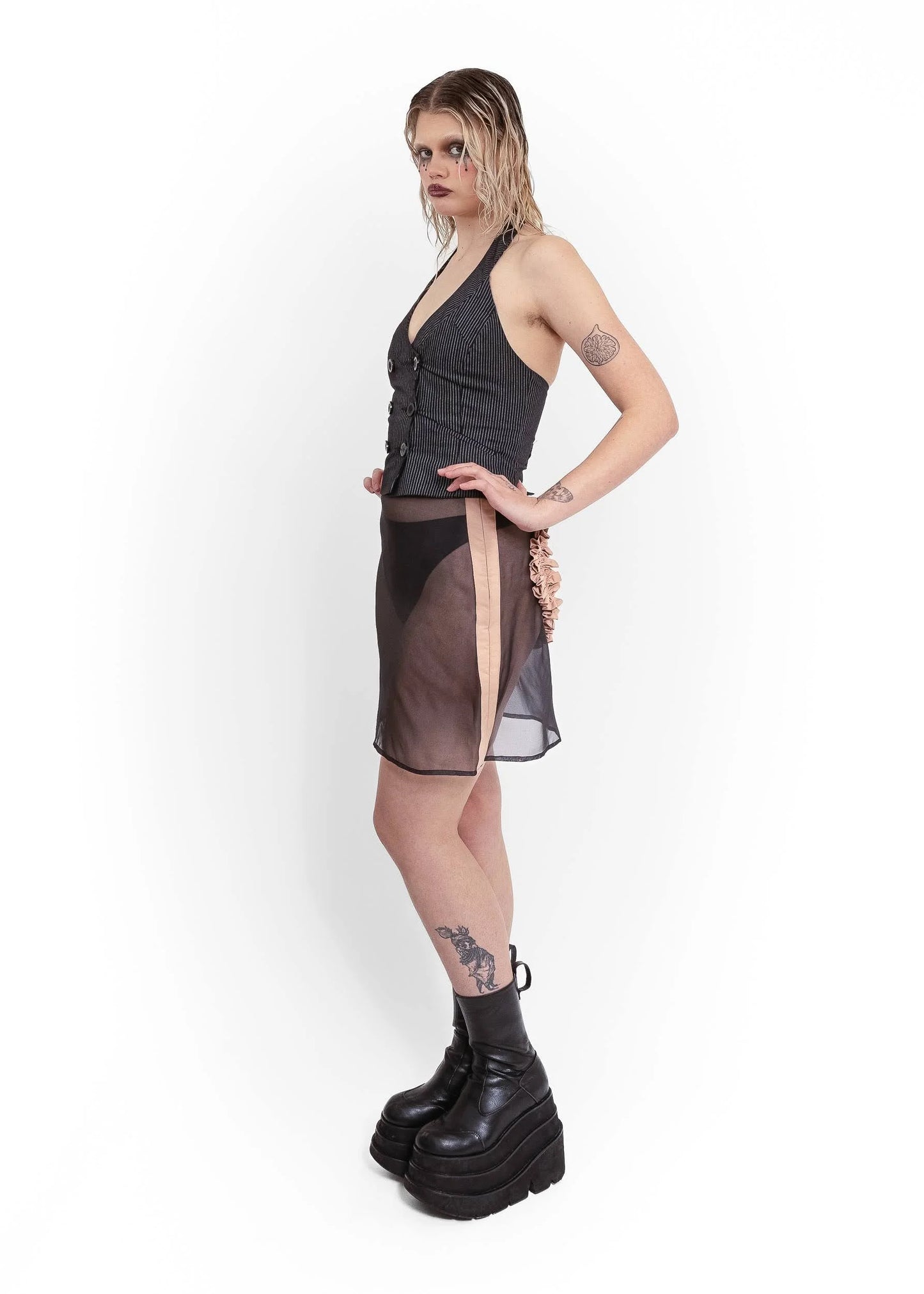 Elsie Gore Imogen silk organza ruffle heart skirt- black/ beige