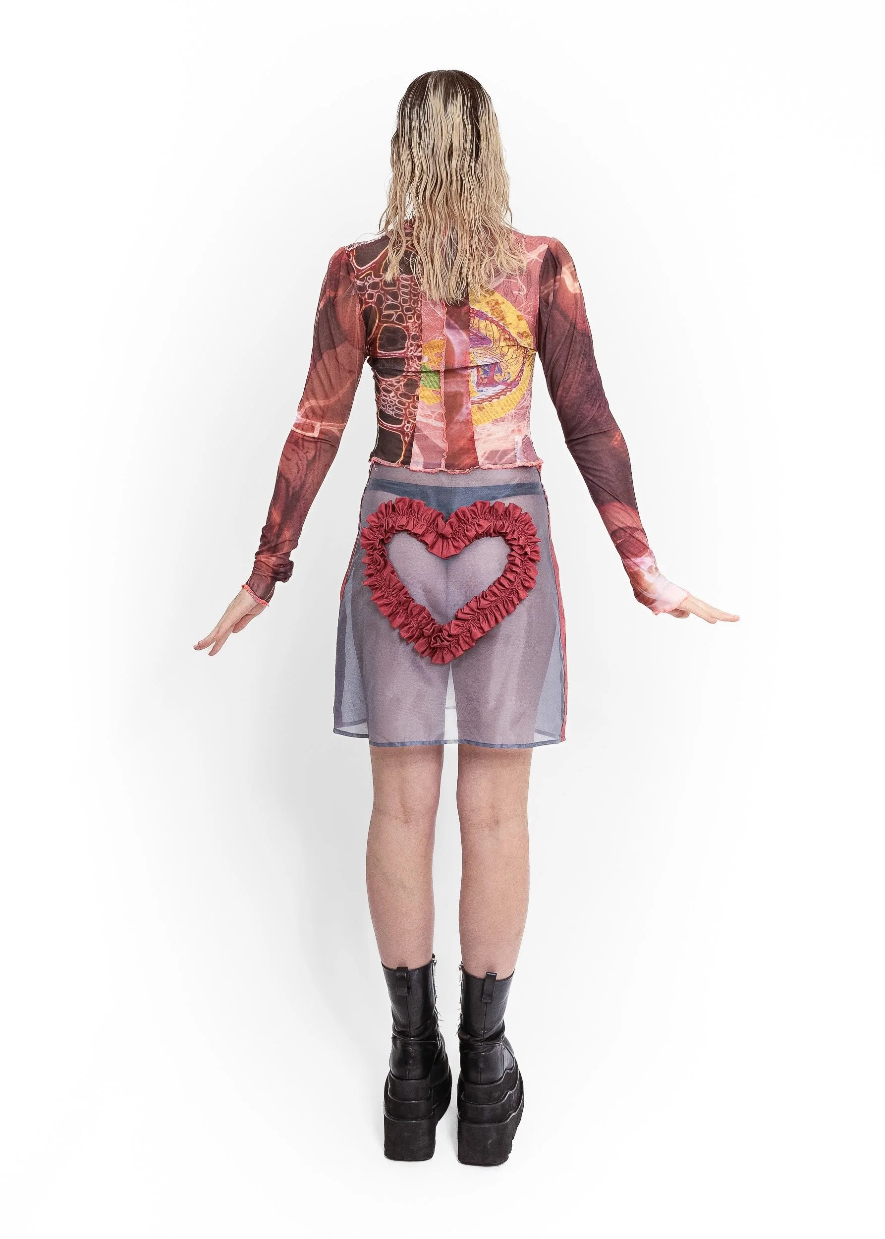 Elsie Gore Imogen silk organza ruffle heart skirt- grey/ pomegranate