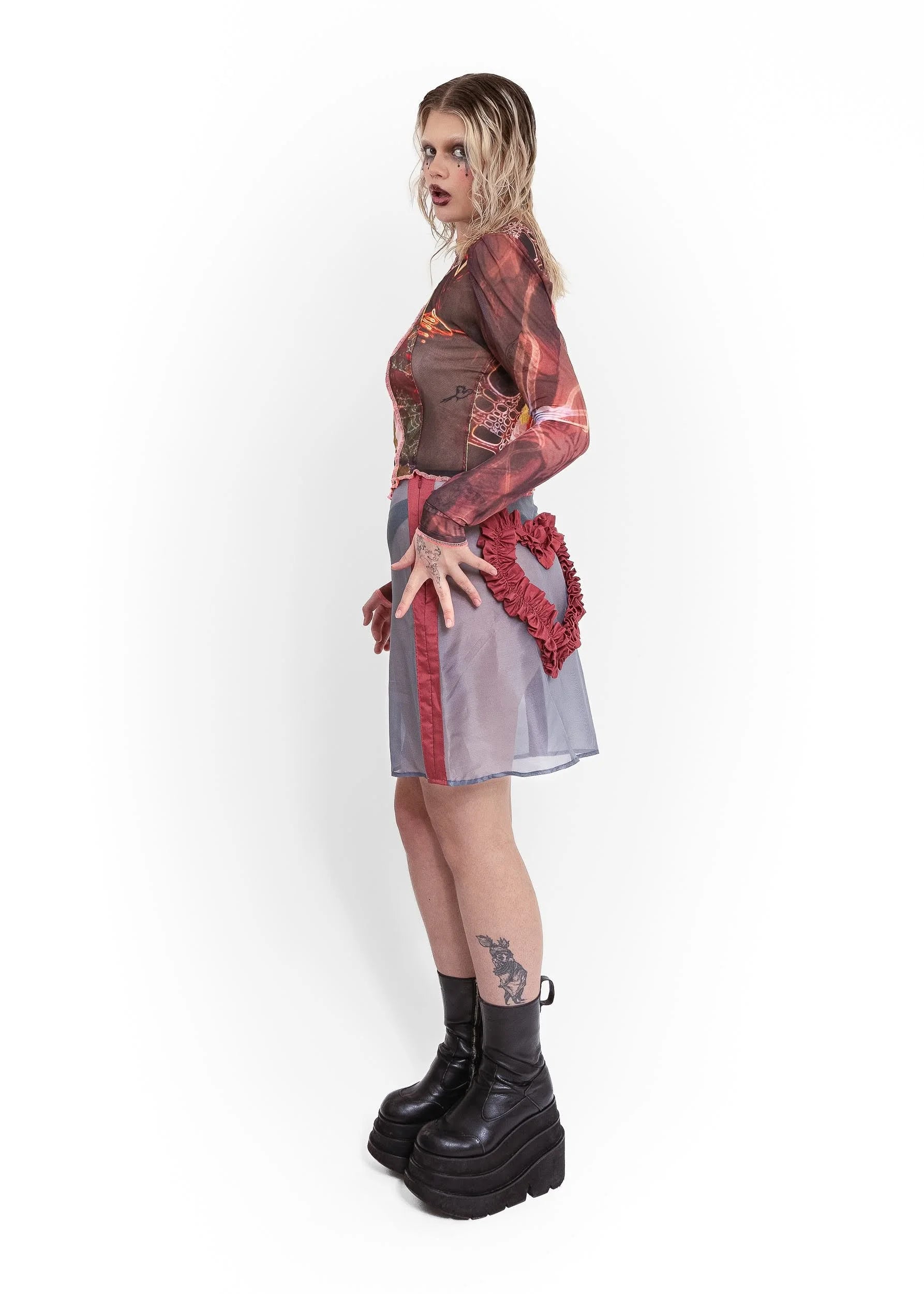 Elsie Gore Imogen silk organza ruffle heart skirt- grey/ pomegranate