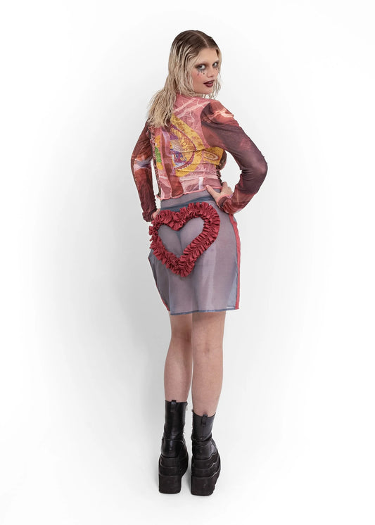 Elsie Gore Imogen silk organza ruffle heart skirt- grey/ pomegranate