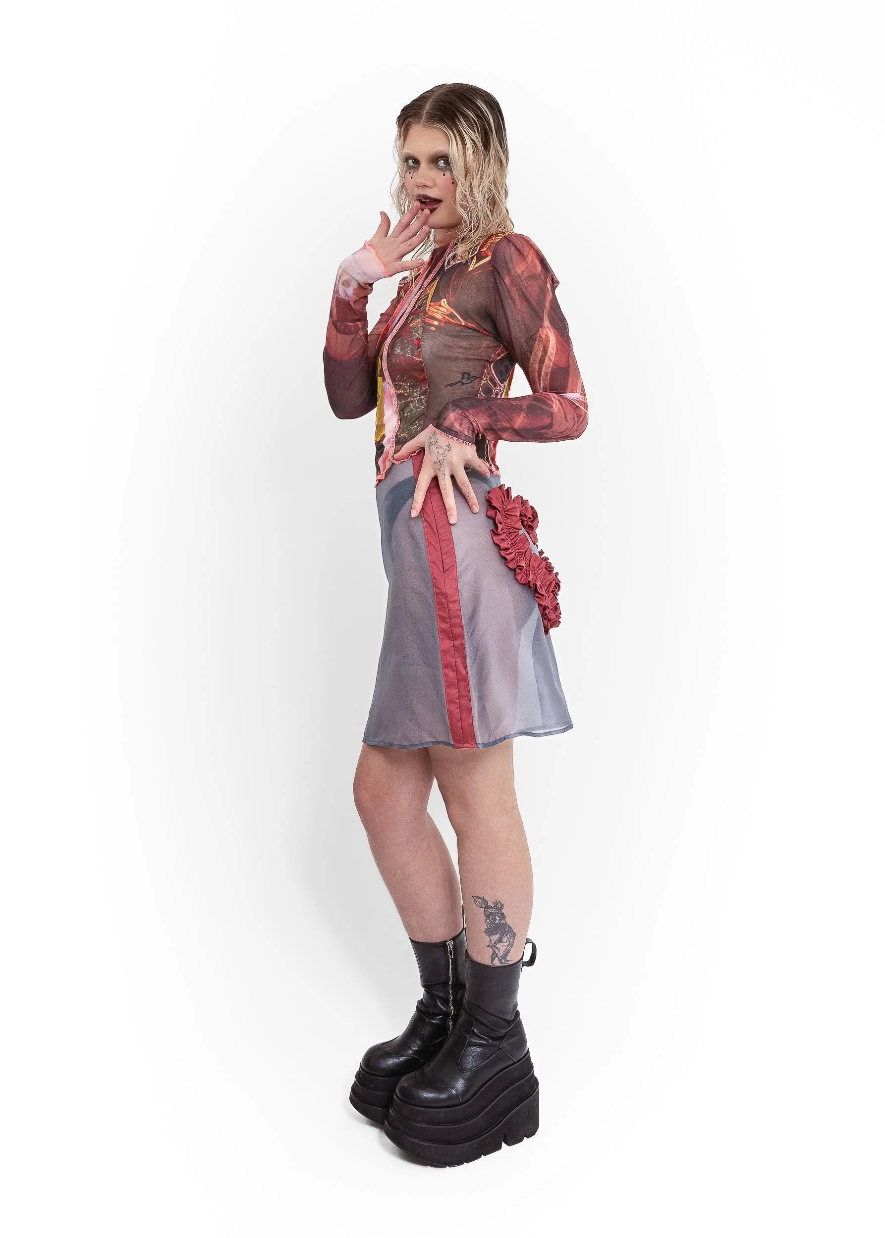 Elsie Gore Imogen silk organza ruffle heart skirt- grey/ pomegranate