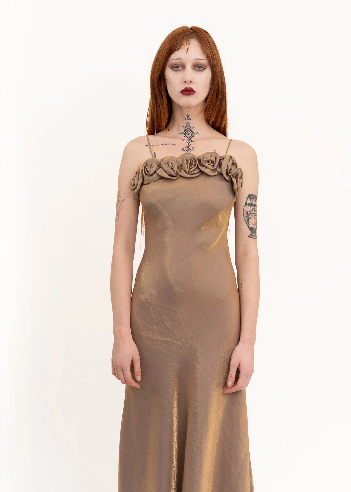 Charm’elle Paris Iridescent satin slip dress with rosette trim