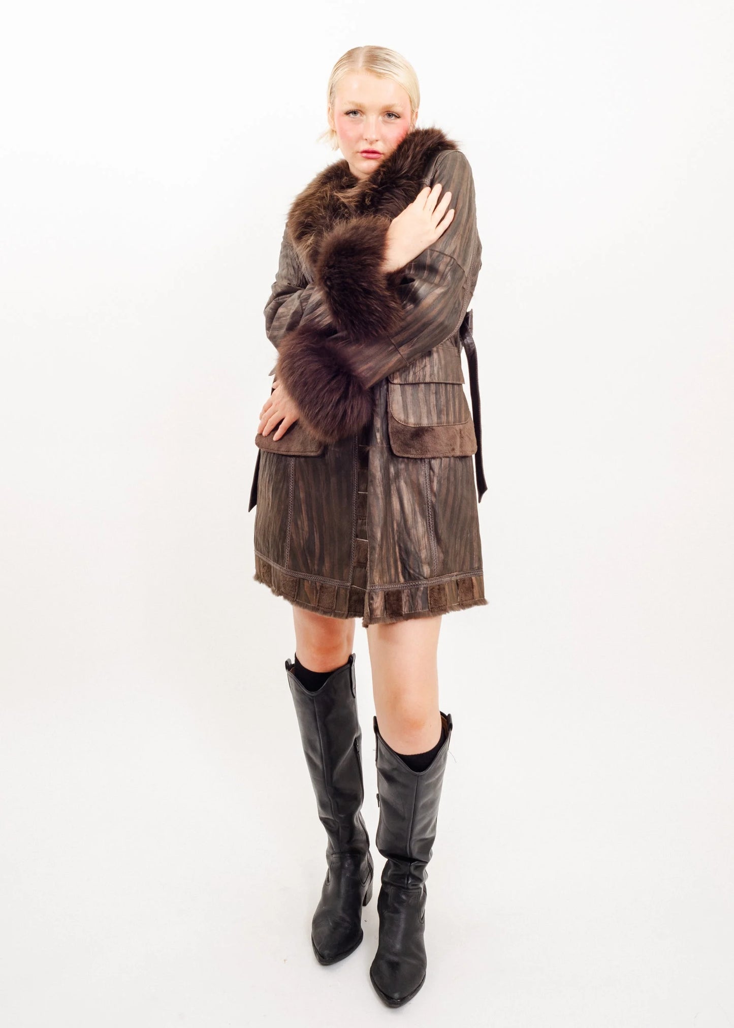 Kansai Impact Leather coat with fox fur cuffs and collar trims