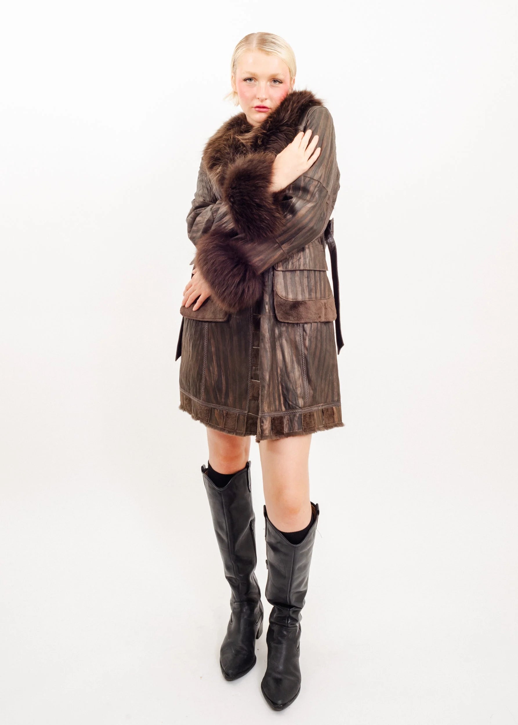 Kansai Impact Leather coat with fox fur cuffs and collar trims