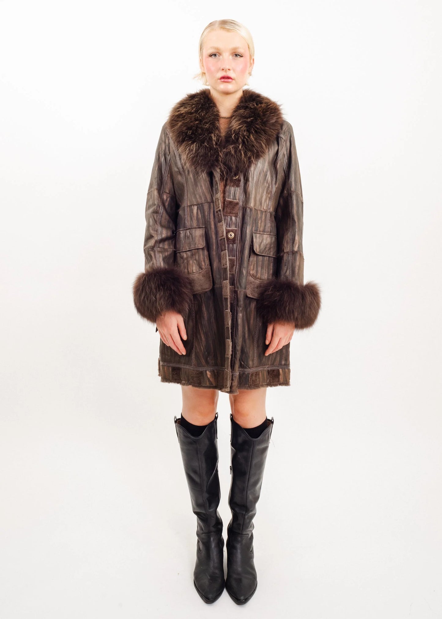 Kansai Impact Leather coat with fox fur cuffs and collar trims