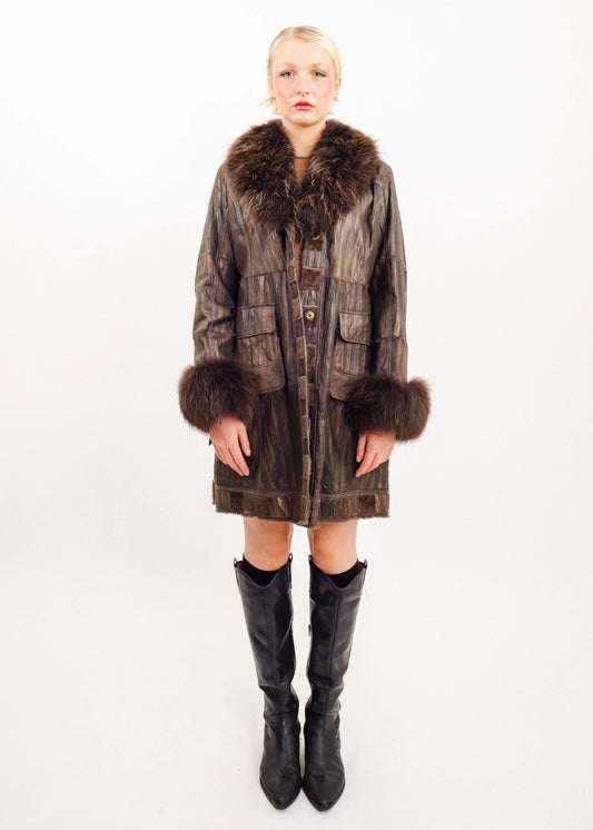 Kansai Impact Leather coat with fox fur cuffs and collar trims