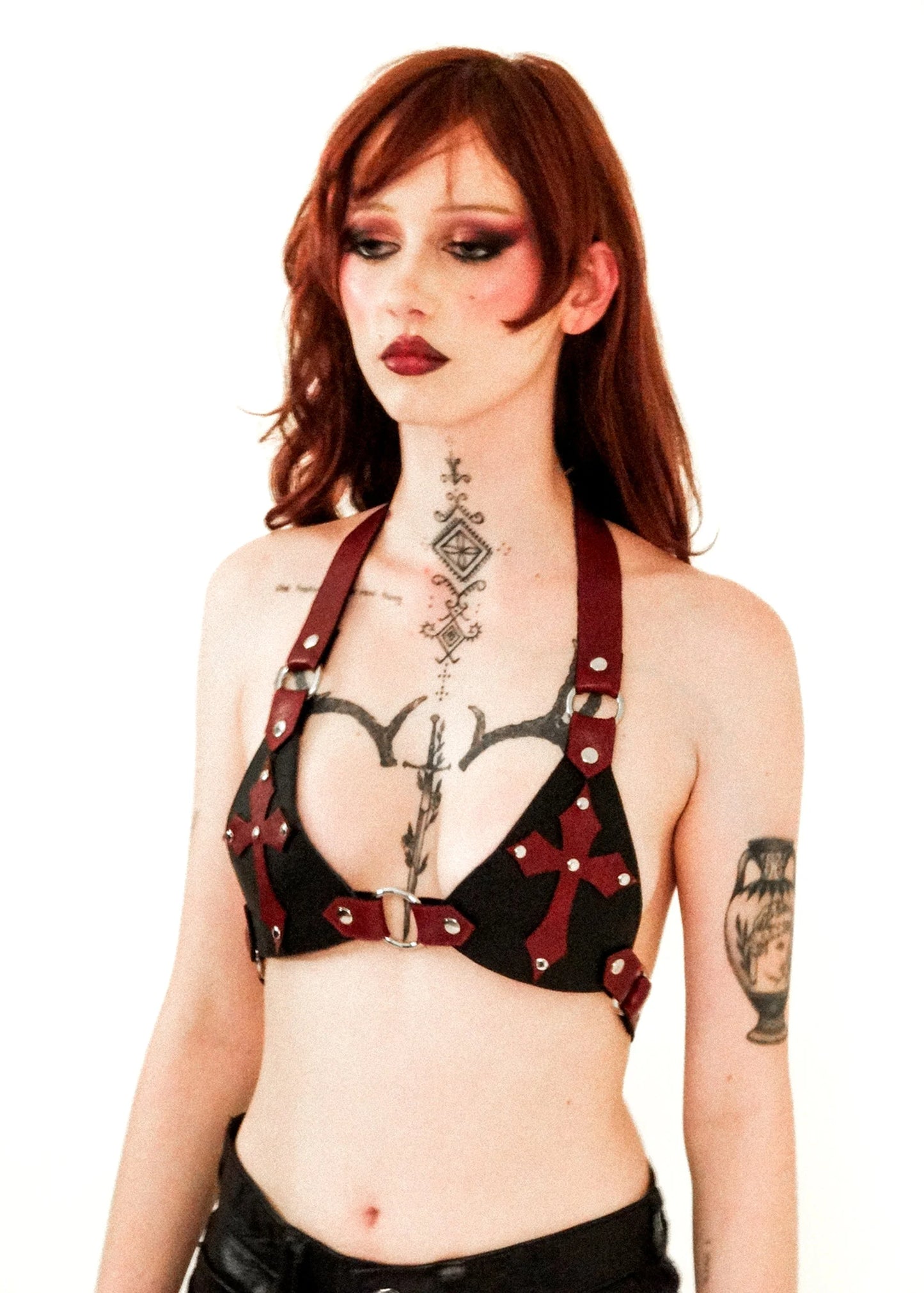 Luti Leather cross bikini top- black/ red