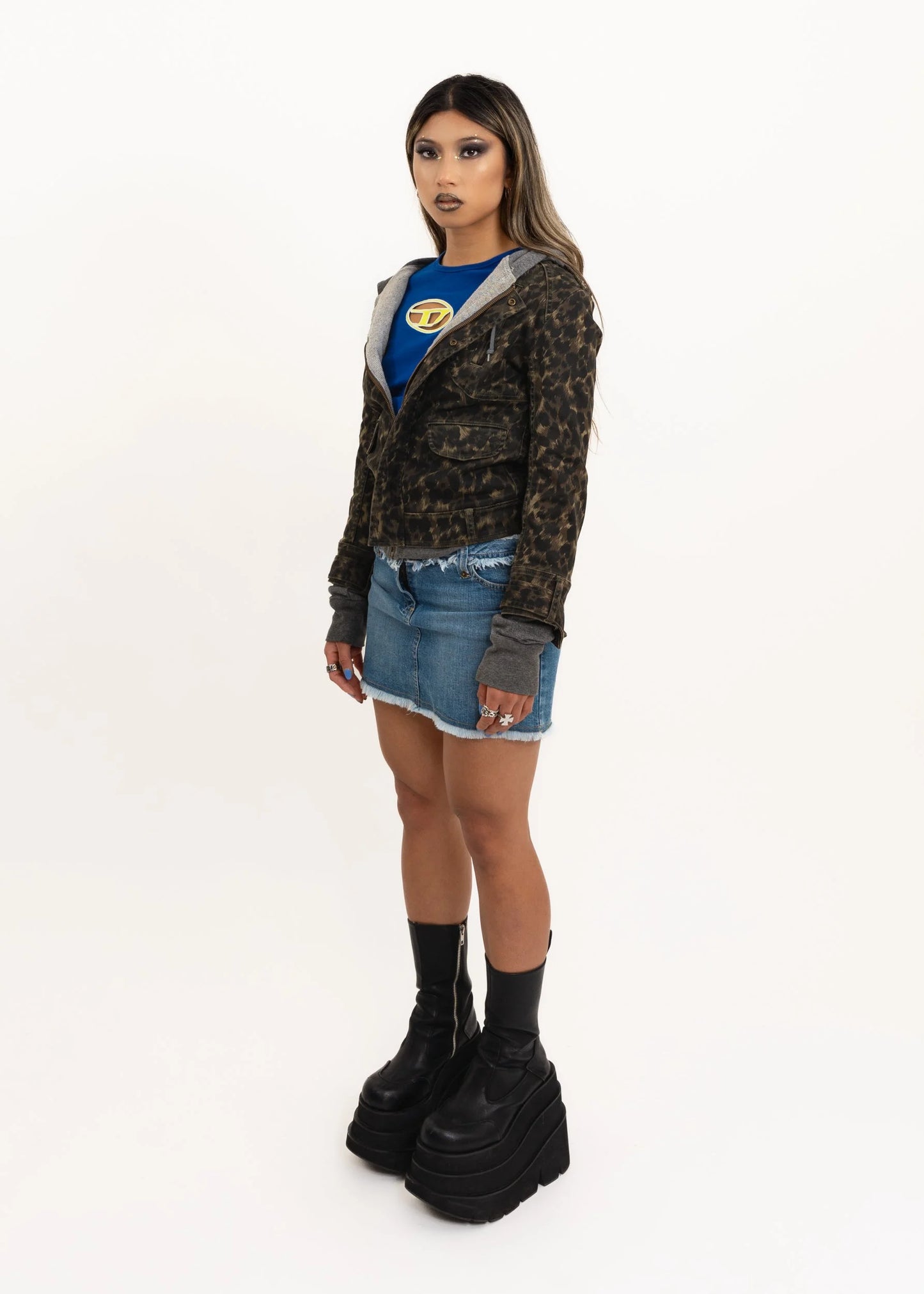 Hysterics Leopard print denim jacket with false hoodie layer