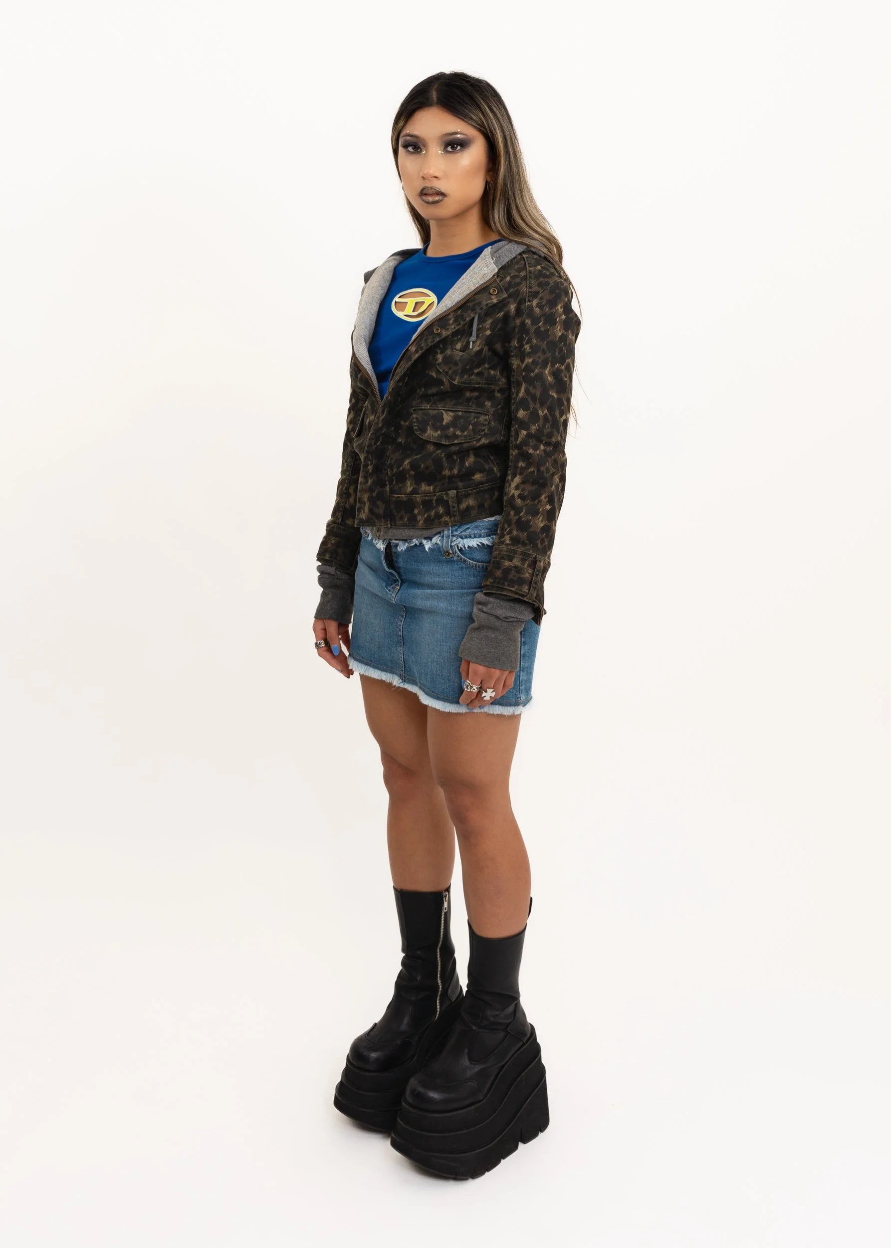 Hysterics Leopard print denim jacket with false hoodie layer