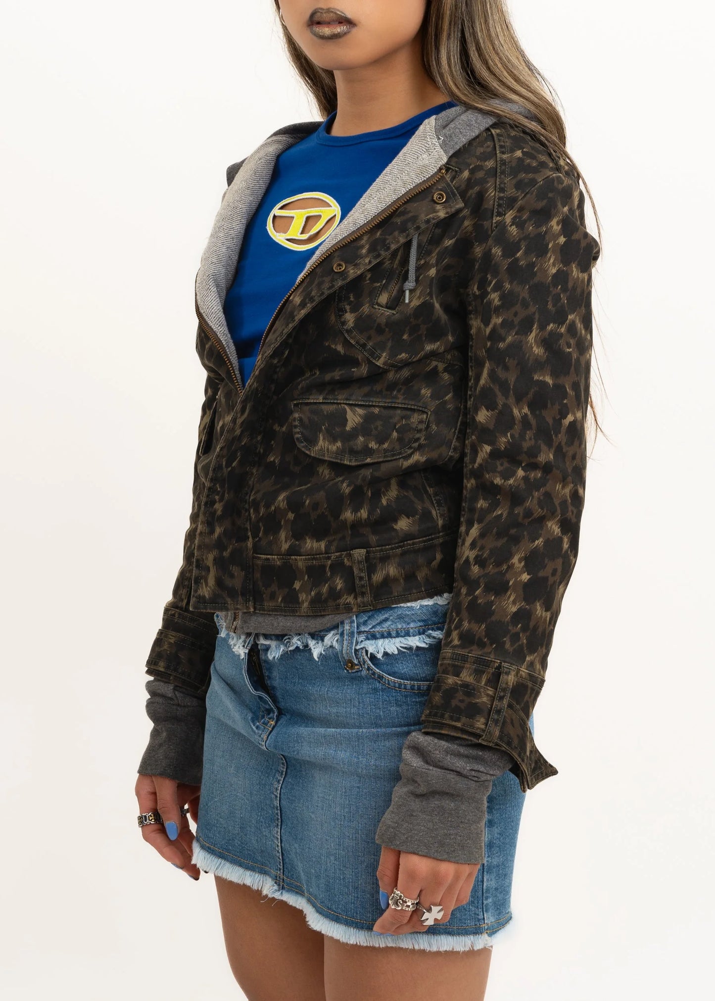 Hysterics Leopard print denim jacket with false hoodie layer