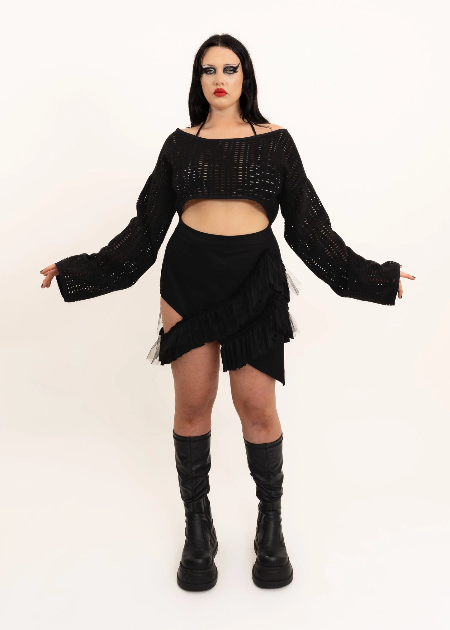 Depth of Scye Mini Fray Skirt- Black denim/ tulle