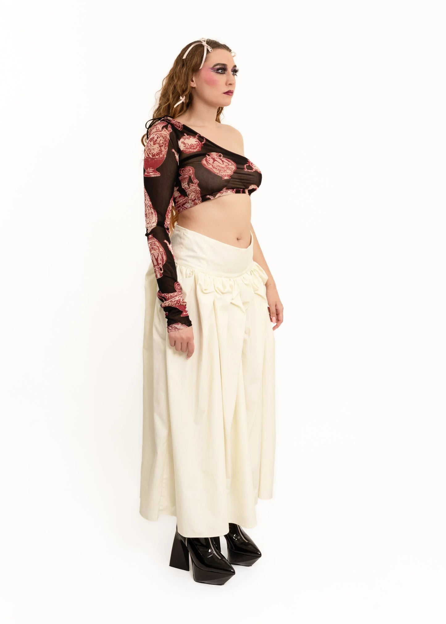 Bizarre Bazaar One shoulder vase print mesh top
