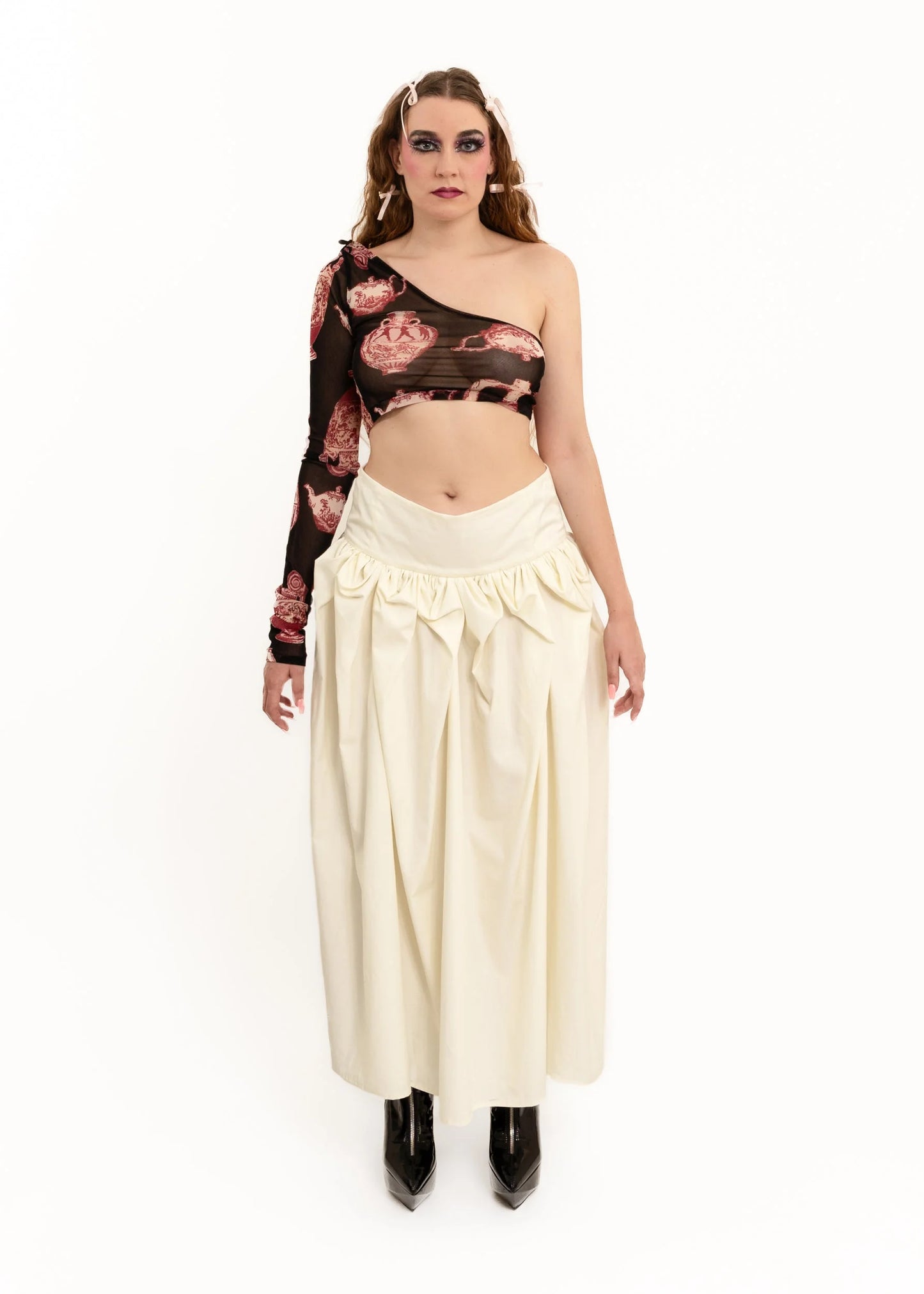 Bizarre Bazaar One shoulder vase print mesh top