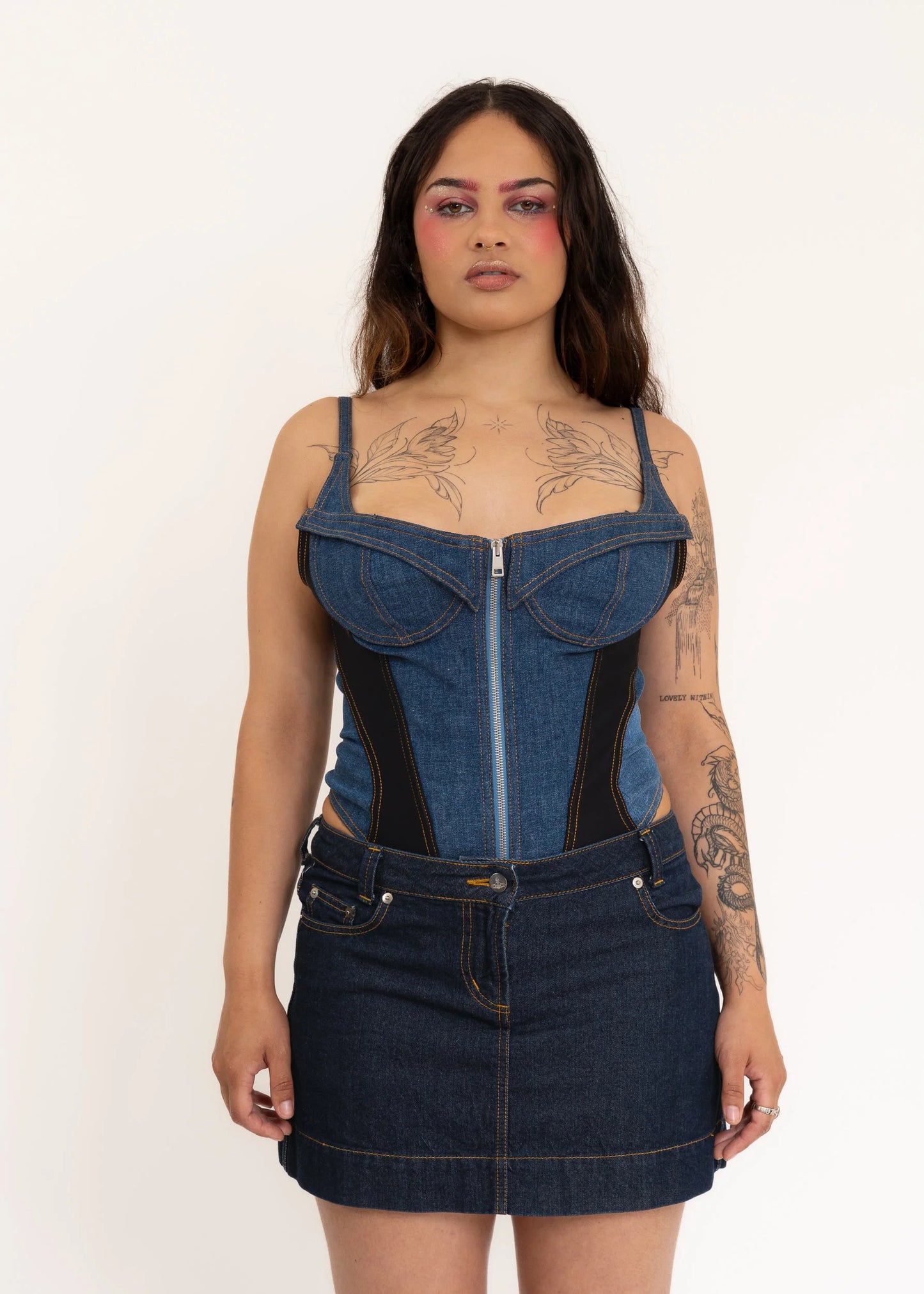 Mugler Panelled denim bustier bodysuit