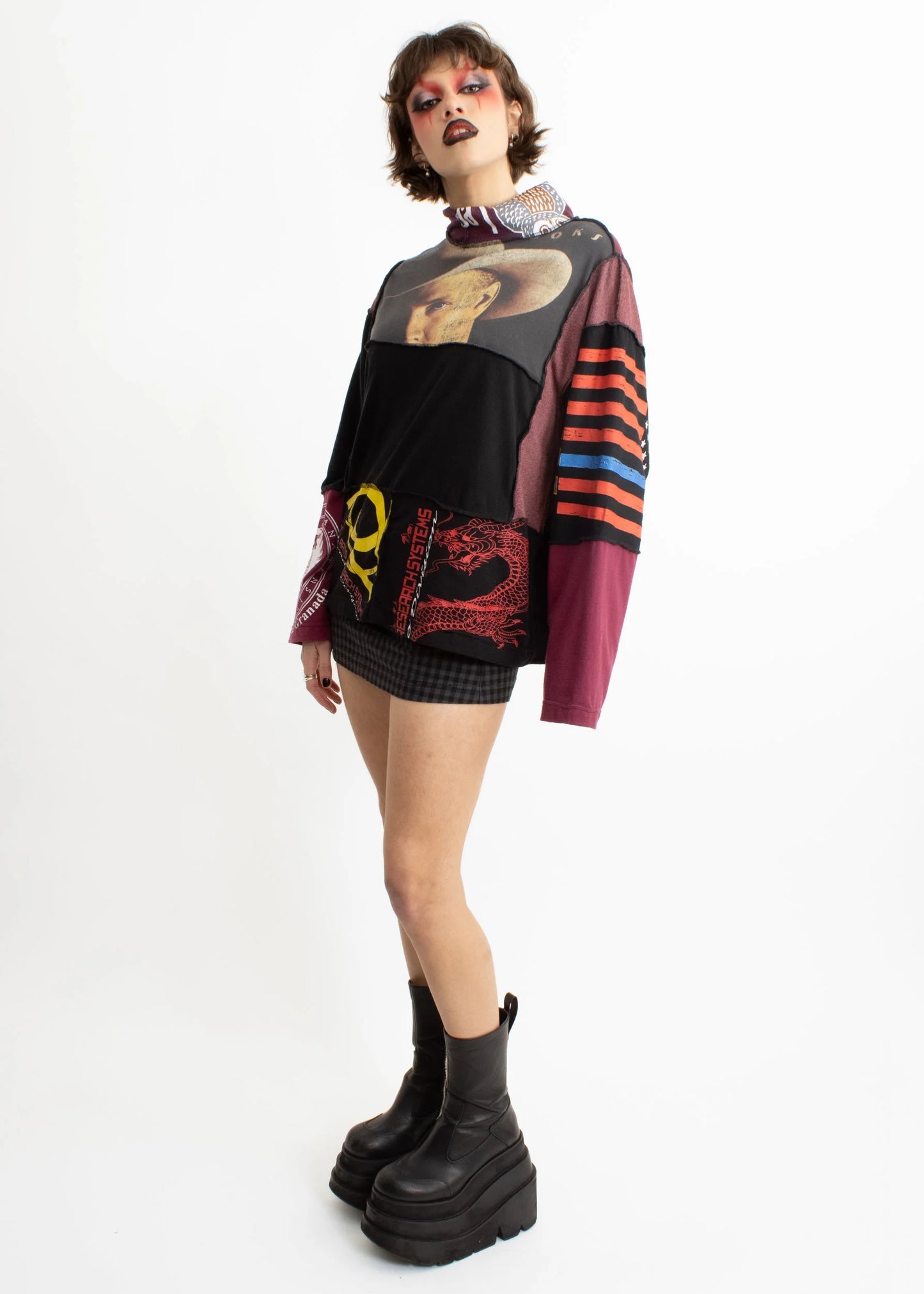 Bizarre Bazaar Patchwork reconstructed cowboy print long sleeve t-shirt
