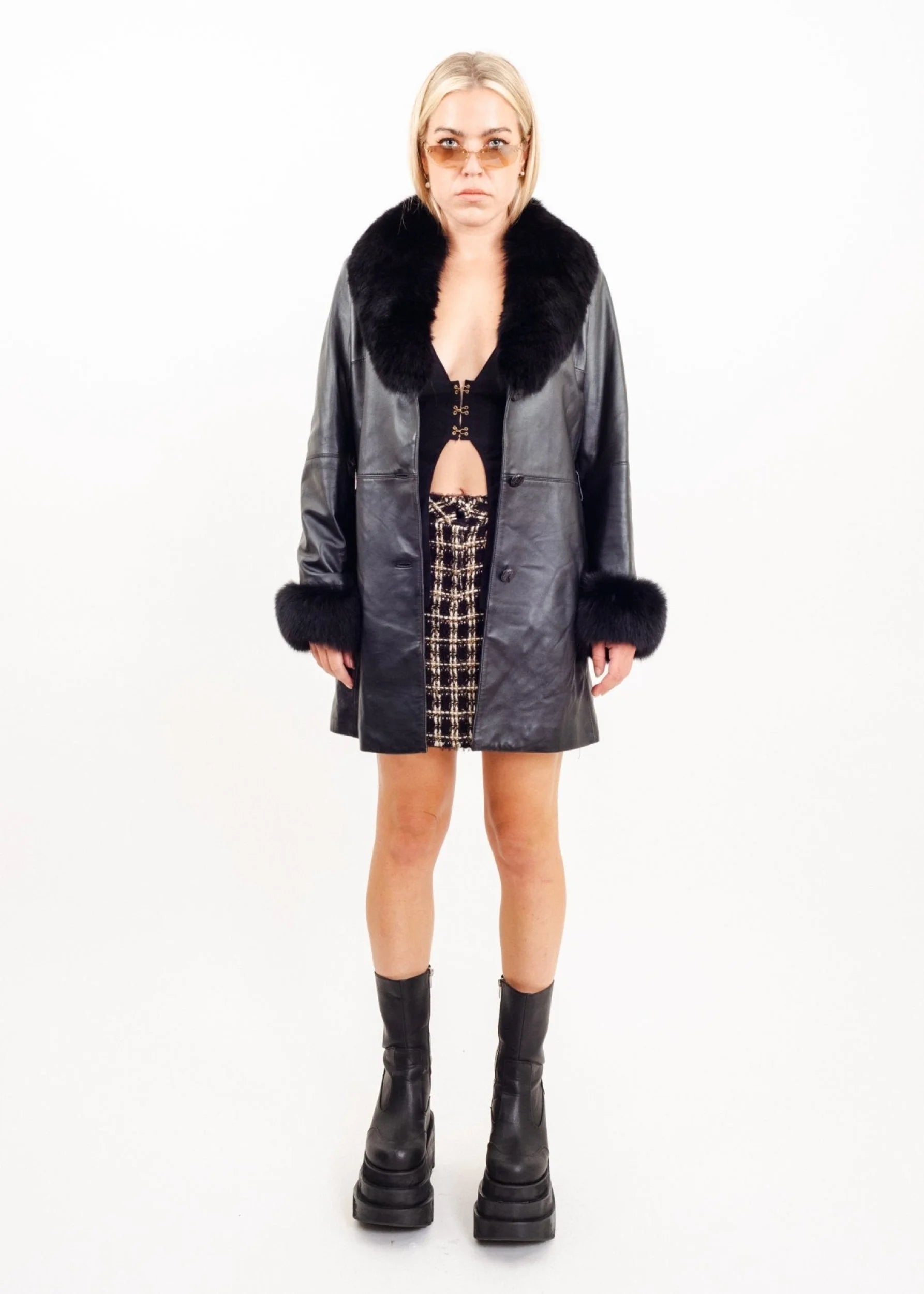 Balmain Paris Leather Penny Lane coat with fox fur collar and cuffs Bizarre Bazaar