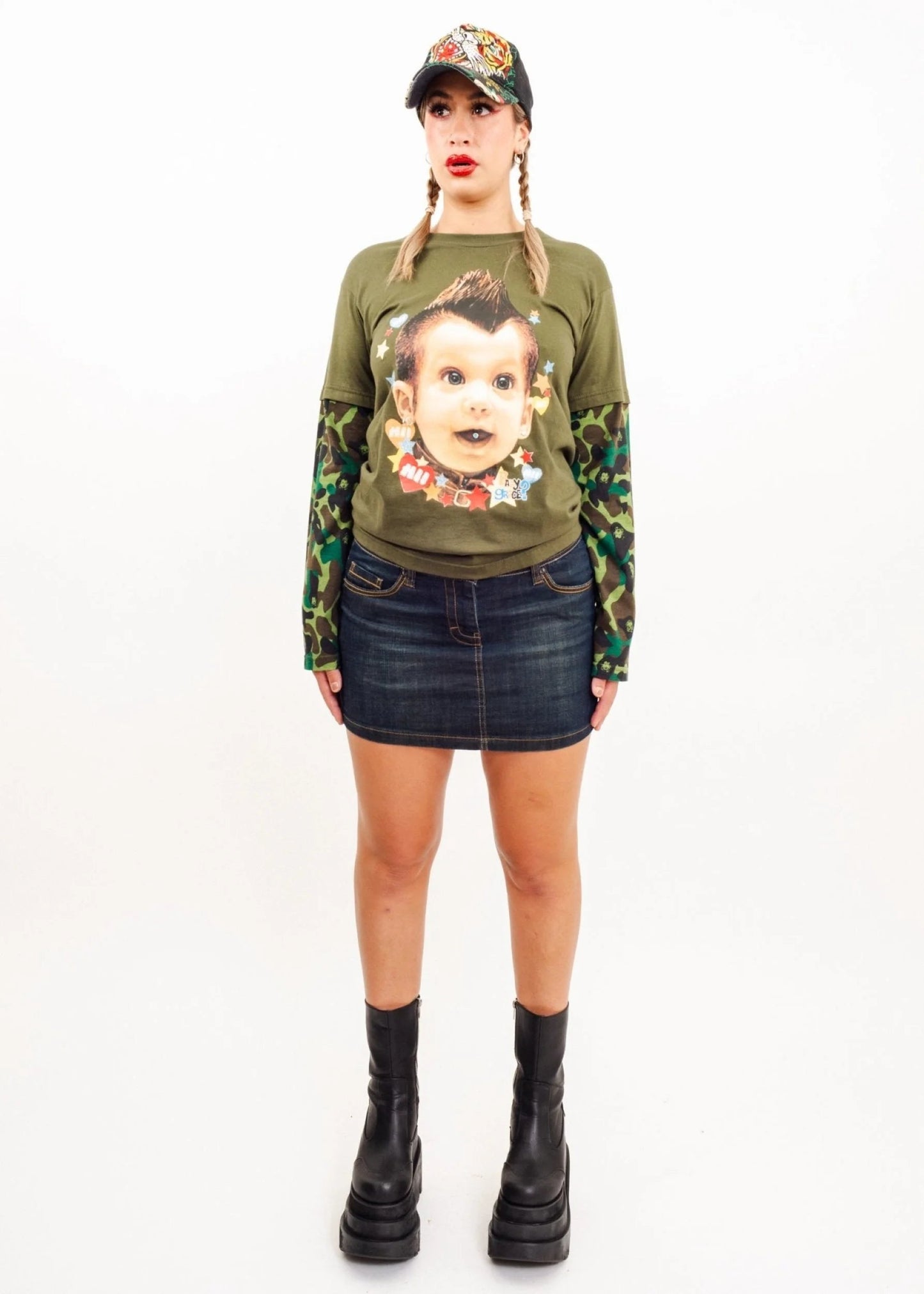Heavy Metal Pierced Punk Baby T-shirt with camo sleeves