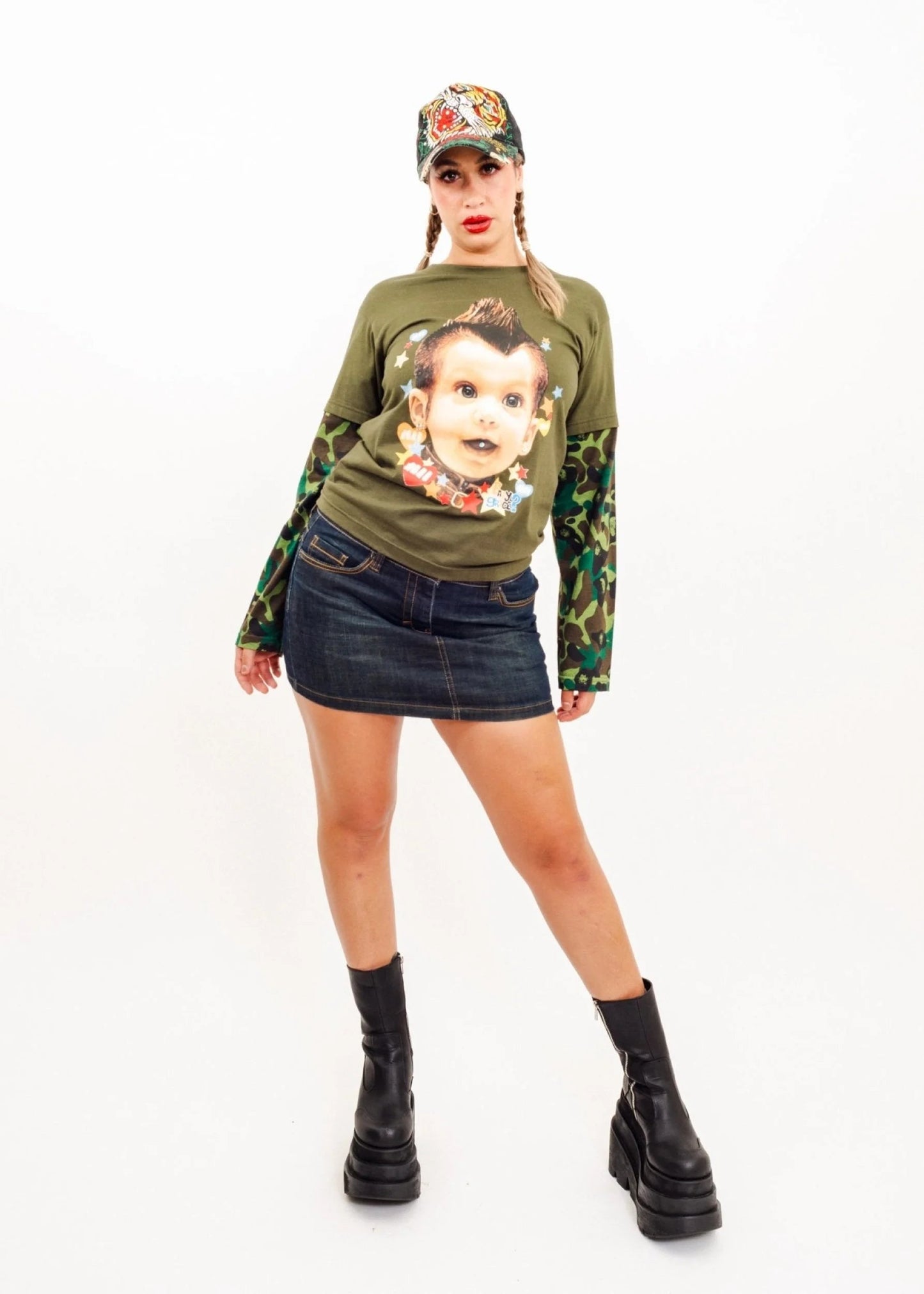 Heavy Metal Pierced Punk Baby T-shirt with camo sleeves