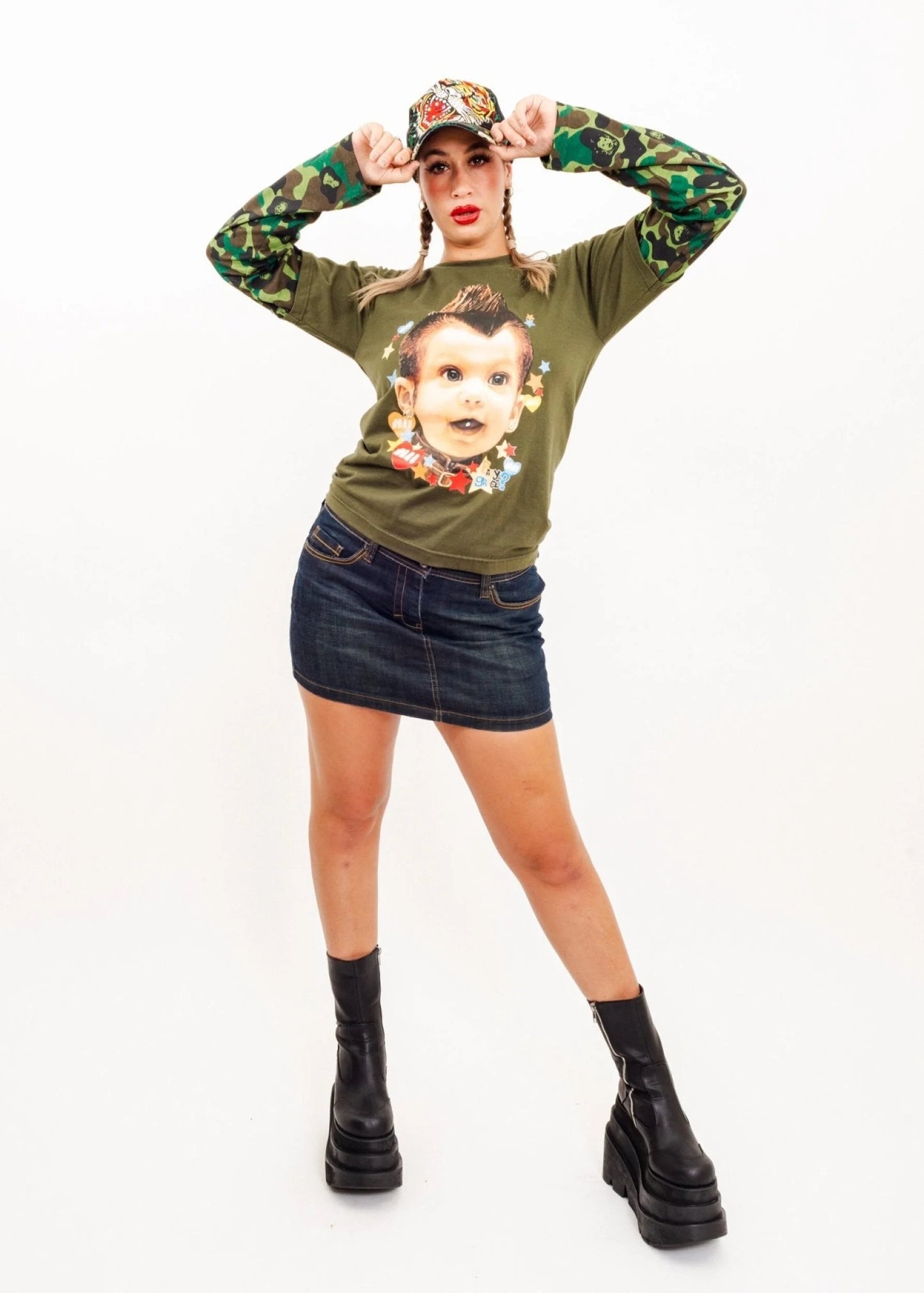 Heavy Metal Pierced Punk Baby T-shirt with camo sleeves